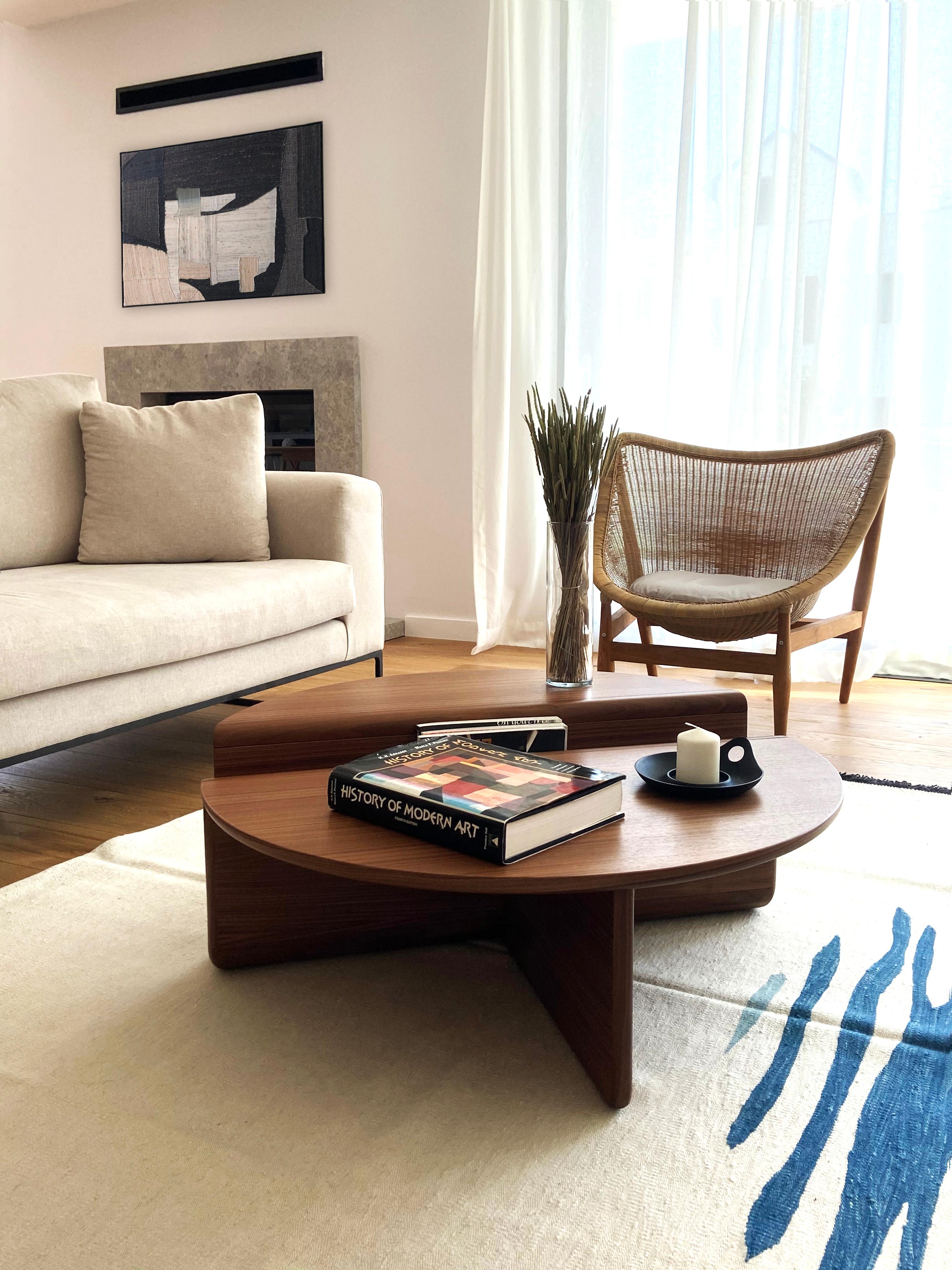 Turkish Kanyon Coffee Table, Contemporary Sculptural Round Wooden Walnut, in Stock For Sale