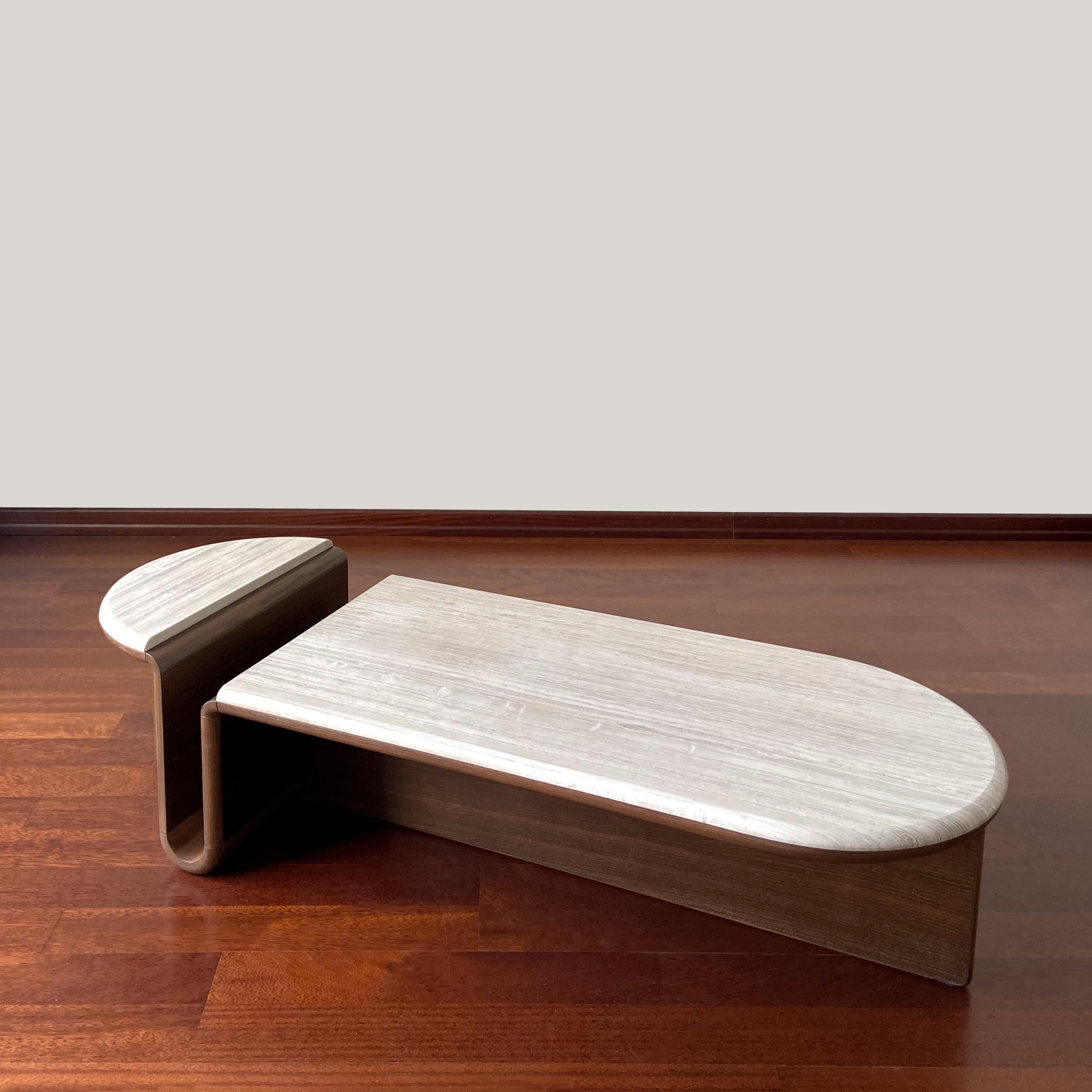 Turkish Kanyon Coffee Table, Oval with Marble Top, Contemporary Sculptural Smoked Oak For Sale
