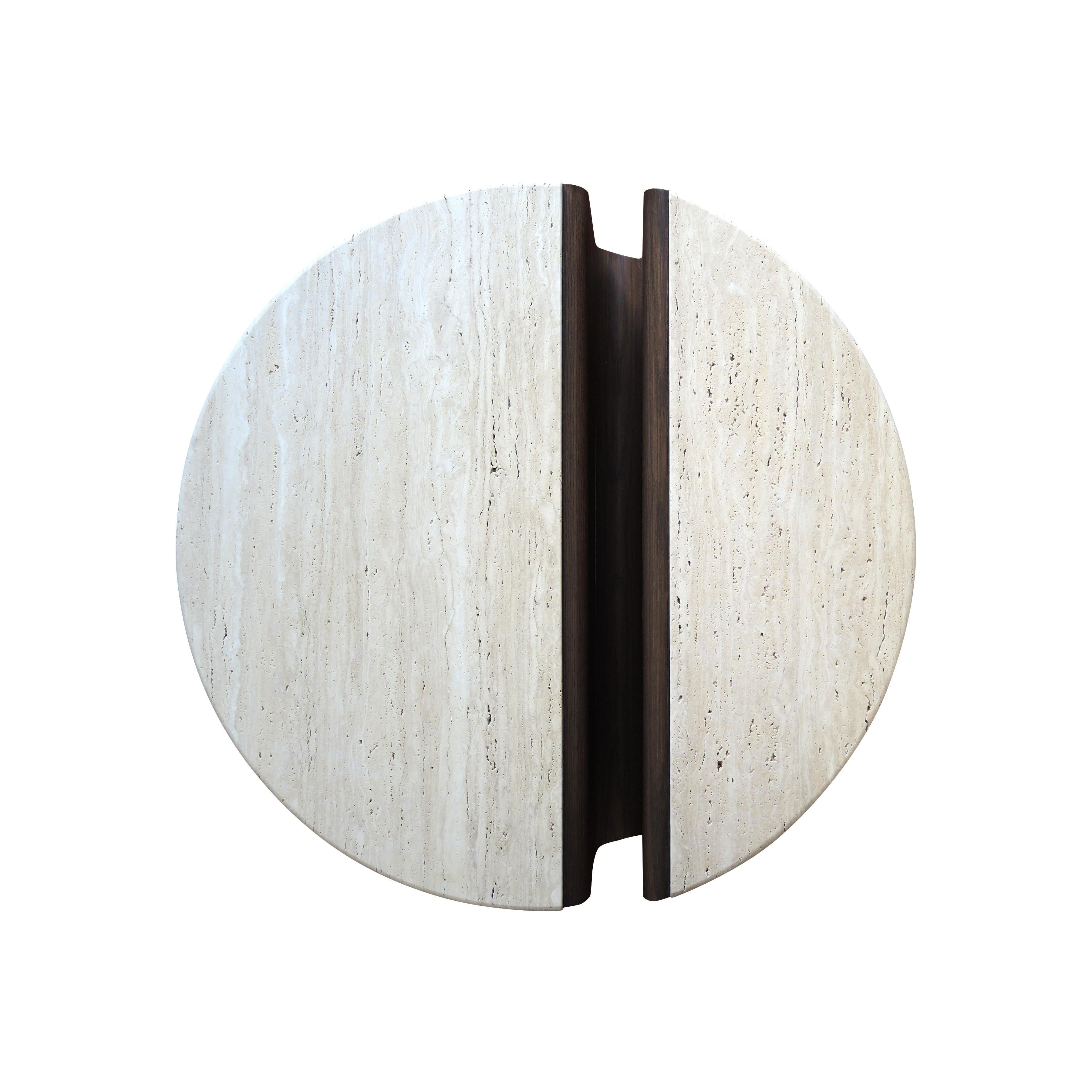Turkish Kanyon Coffee Table with Travertine, Contemporary Round Smoked Oak in Stock For Sale
