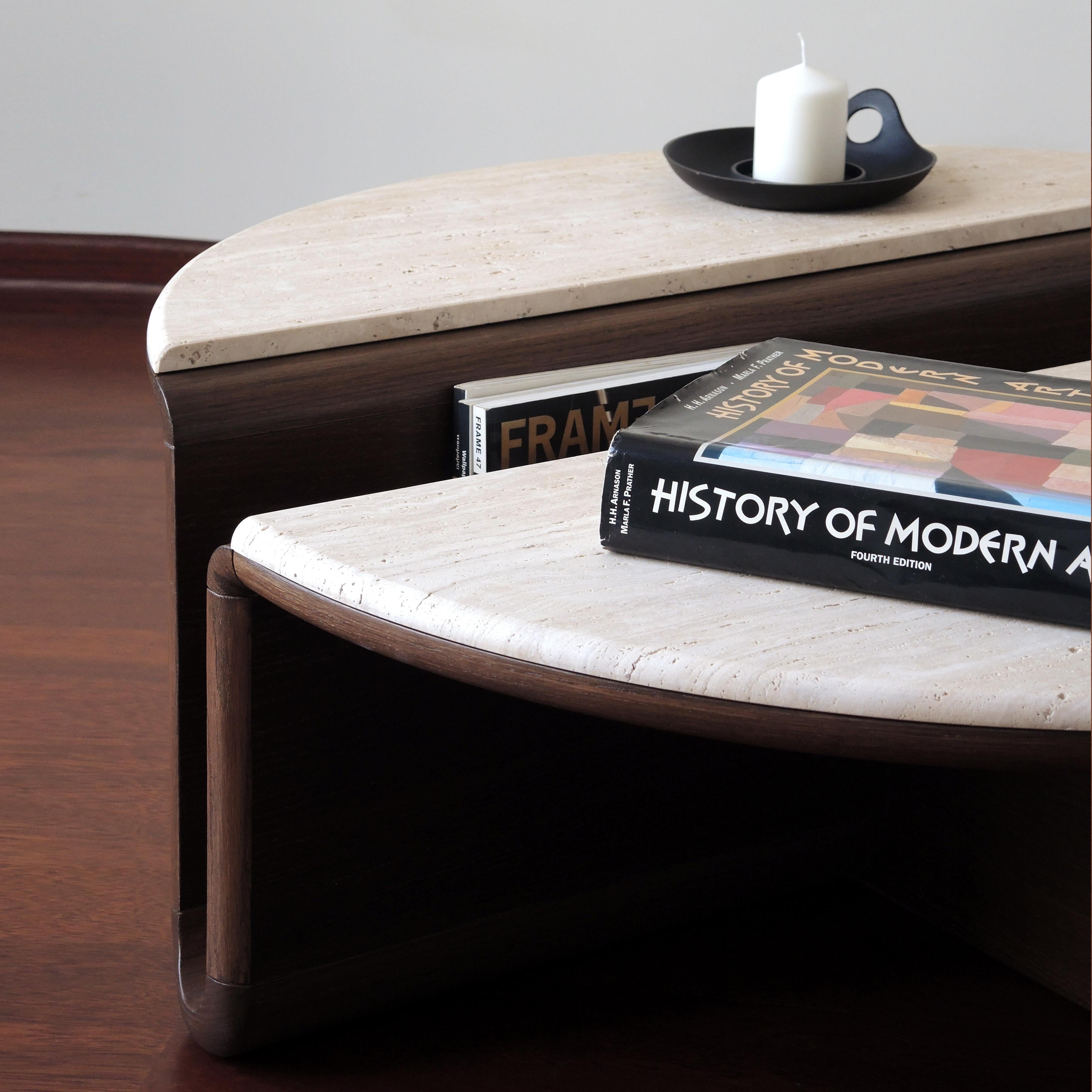 Stone Kanyon Coffee Table with Travertine, Contemporary Round Smoked Oak in Stock For Sale