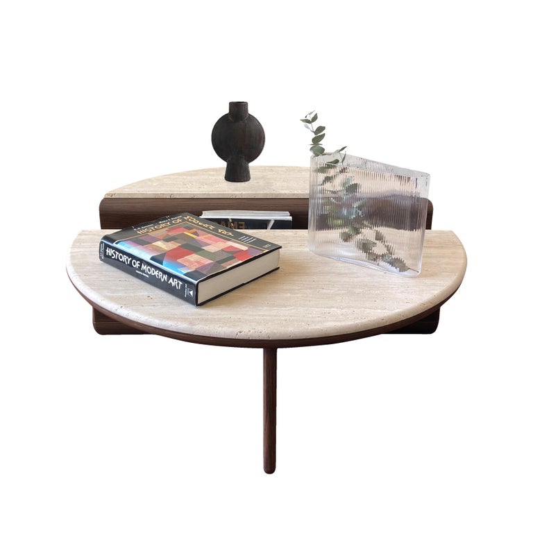 Minimalist Kanyon Coffee Table with Travertine, Contemporary Sculptural Round Smoked Oak For Sale