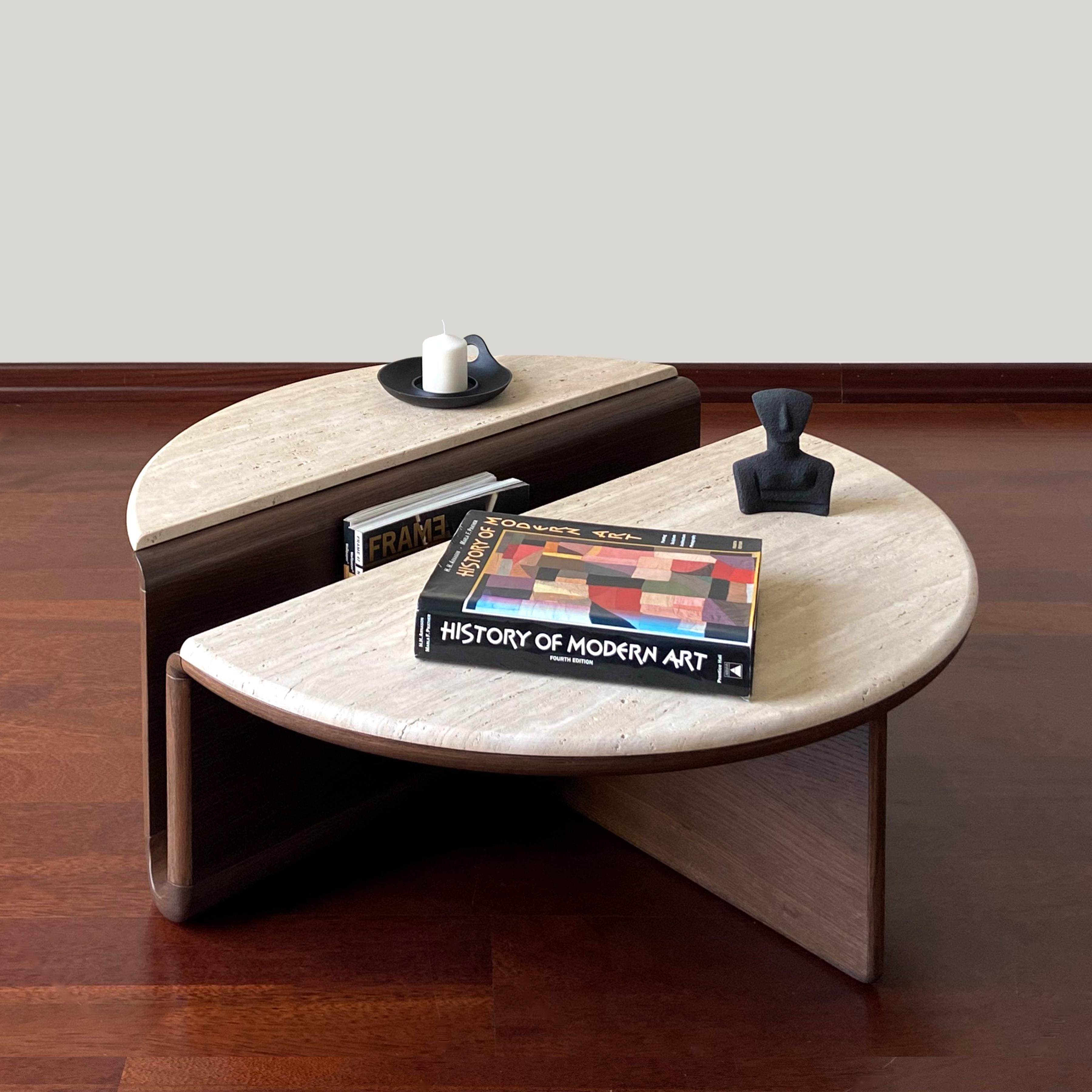 Hand-Crafted Kanyon Coffee Table with Travertine, Contemporary Sculptural Round Smoked Oak For Sale