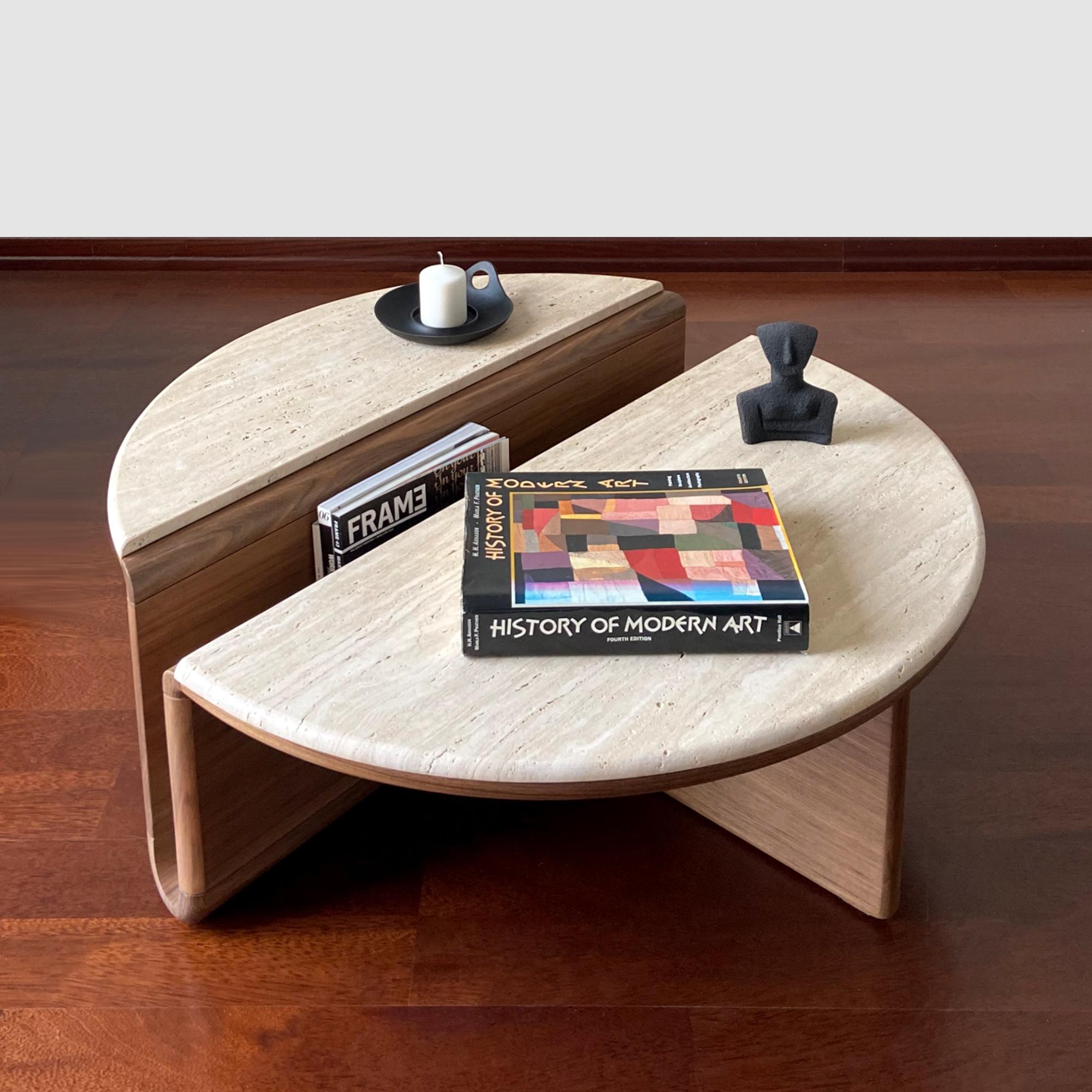 Minimalist Kanyon Coffee Table with Travertine, Contemporary Sculptural Round Walnut For Sale