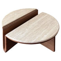 Kanyon Coffee Table with Travertine, Contemporary Sculptural Round Walnut