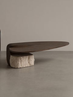 Kanzō Unique Coffee Table in Oak Wood & Travertine Stone by Andres Monnier