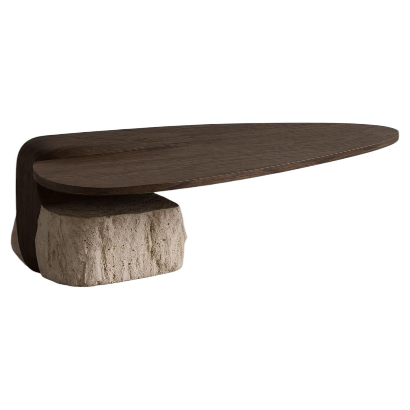 Kanzō Unique Coffee Table in Oak Wood & Travertine Stone by Andres Monnier