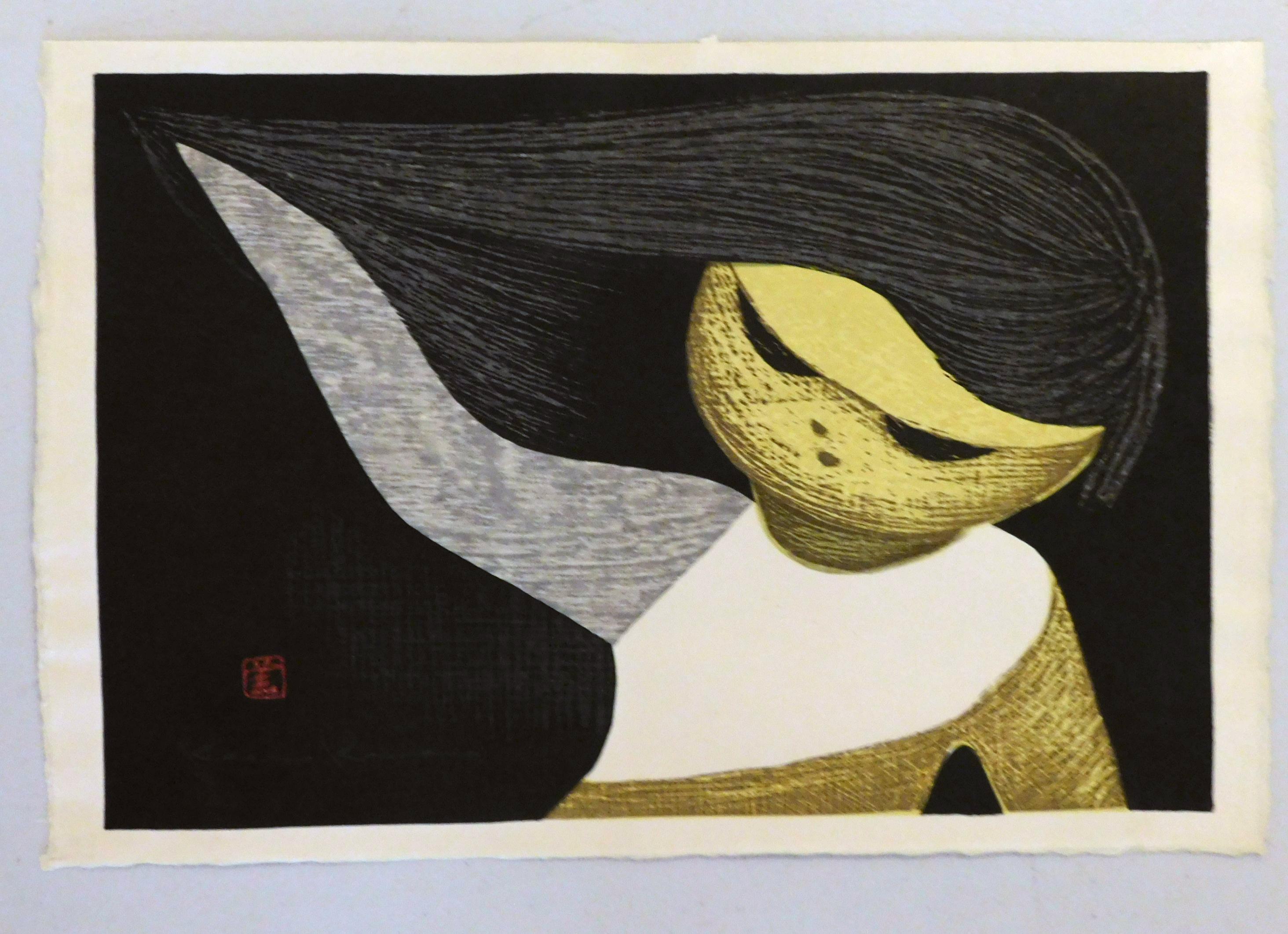 Beautifully executed color woodblock by Japanese artist Kaoru Kawano (1916- 1965).
This work titled “Gentle Breeze” depicts a young girl with blowing hair. 
It is pencil signed in the image lower left and bears the artist’s chop mark. 
The image