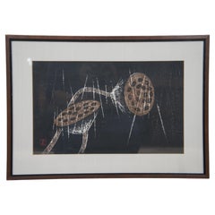 Kaoru Kawano Japanese Midcentury Quiet Rain Lotus Pod Woodblock Print