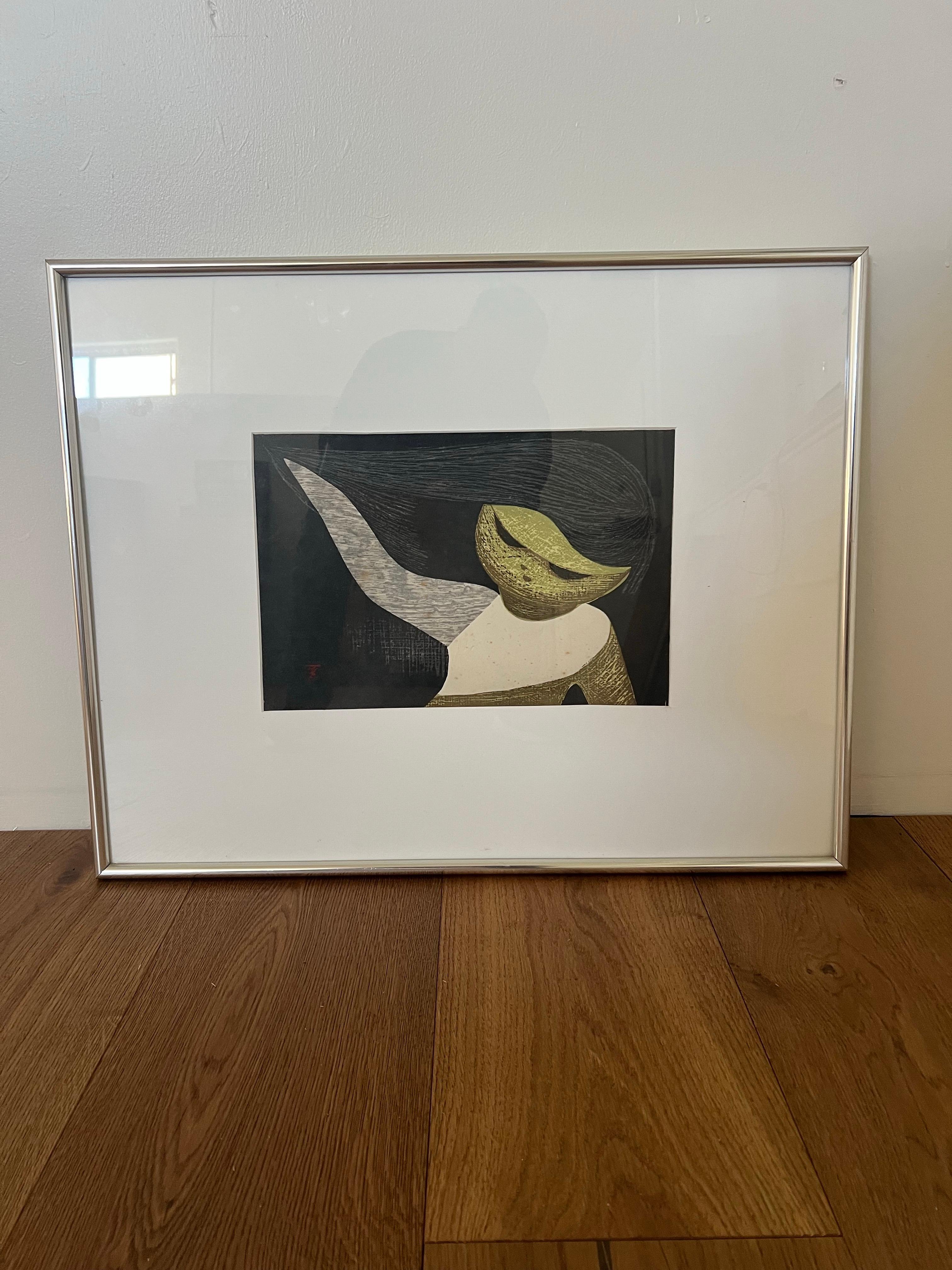 Kaoru Kawano Japanese Woodblock Iconic Print Girl MCM encadré Bon état - En vente à San Diego, CA