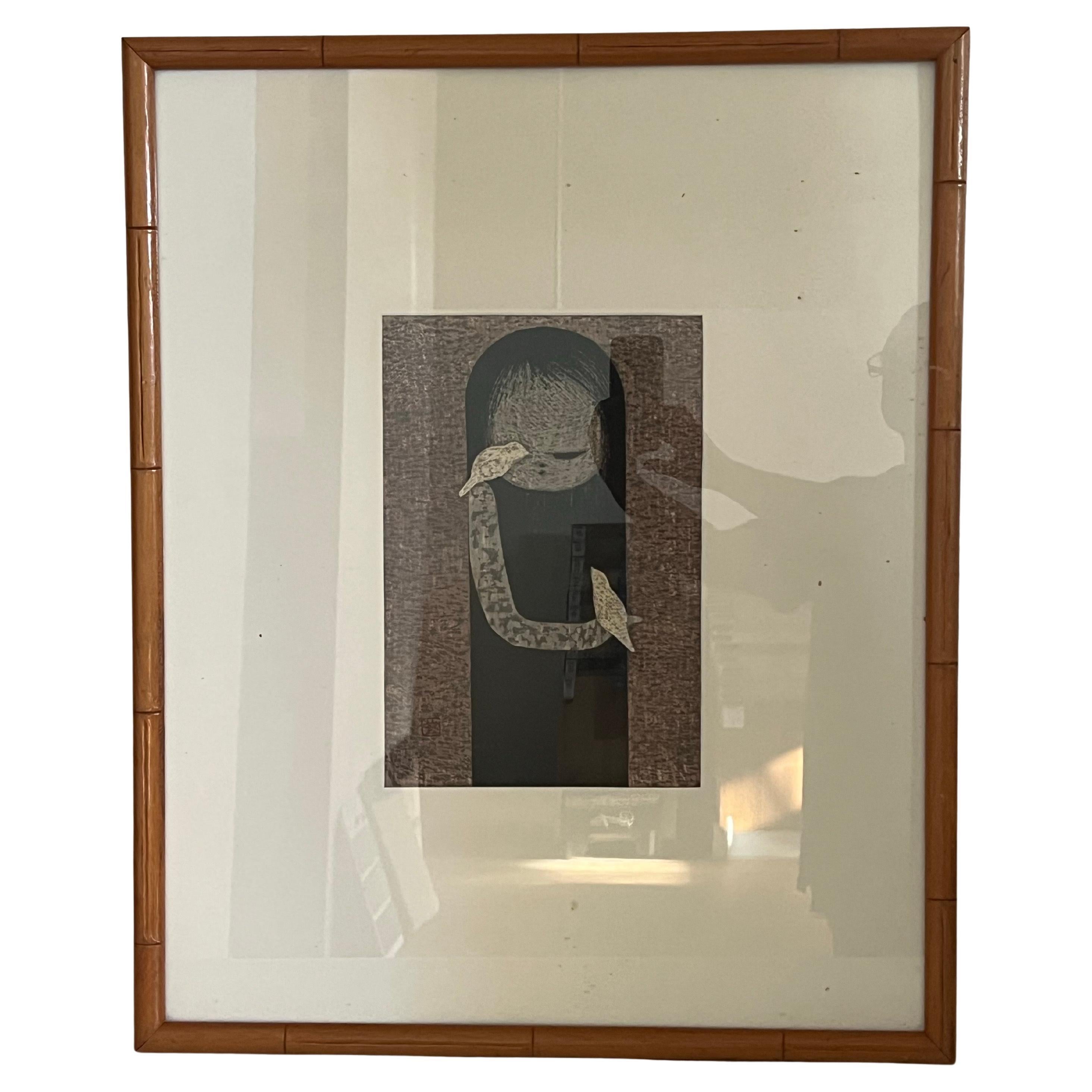 Ein schönes Werk des famosen japanischen Künstlers Kaoru Kawano, der für seine skurrilen Darstellungen von Frauen, Kindern und Tieren bekannt war. Stilistisch war er einer der ersten japanischen Künstler, der Elemente des westlichen Stils mit den