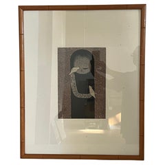 Kaoru Kawano Japanese Woodblock Iconic Print Girl with Bird MCM Framed