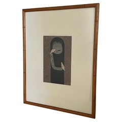 Kaoru Kawano Japanese Woodblock Iconic Print Girl with Bird MCM Framed