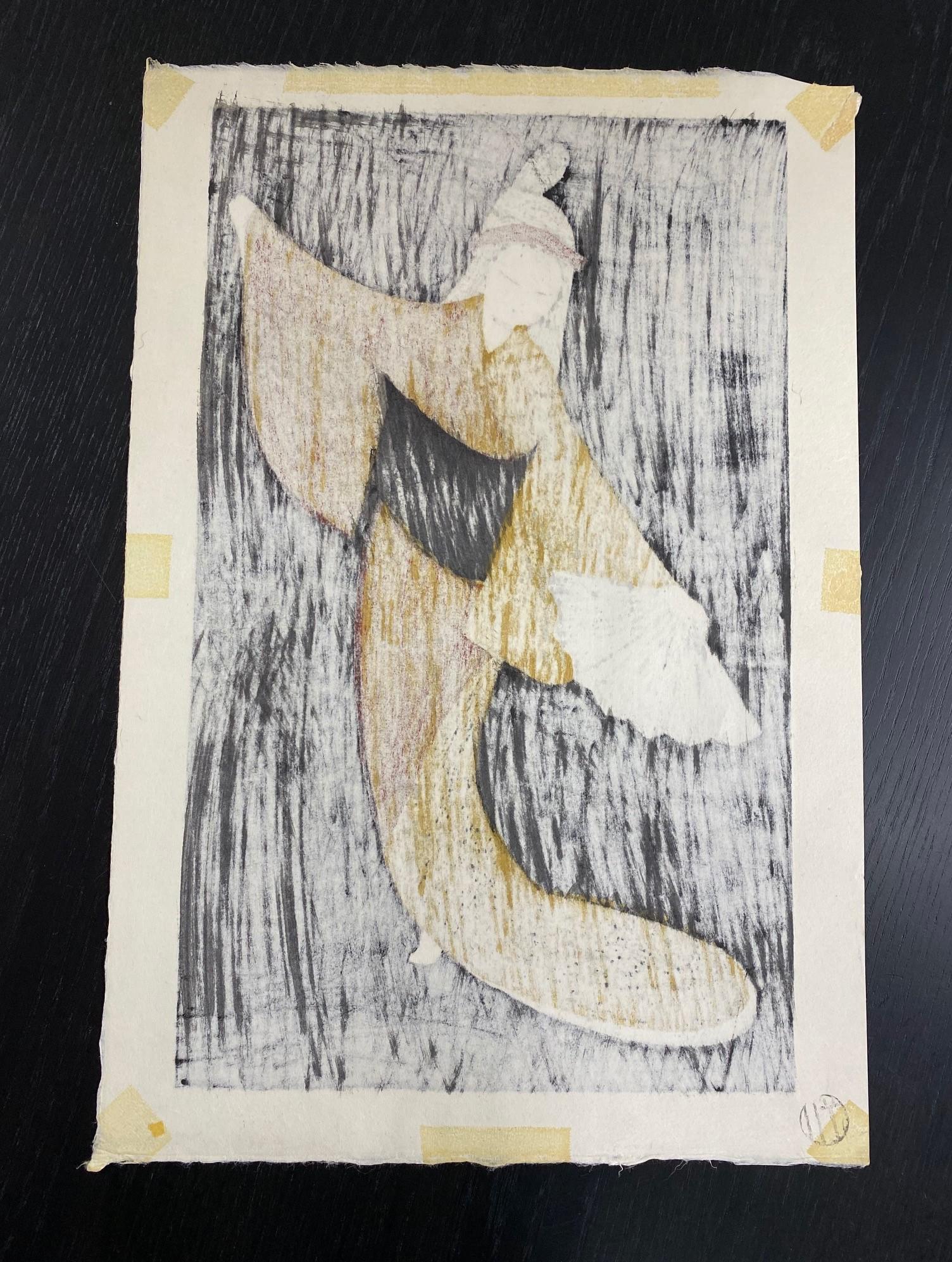 Papier Figure de danseuse japonaise Kaoru Kawano imprimée sur bois avec éventail « Mai Ogi » en vente