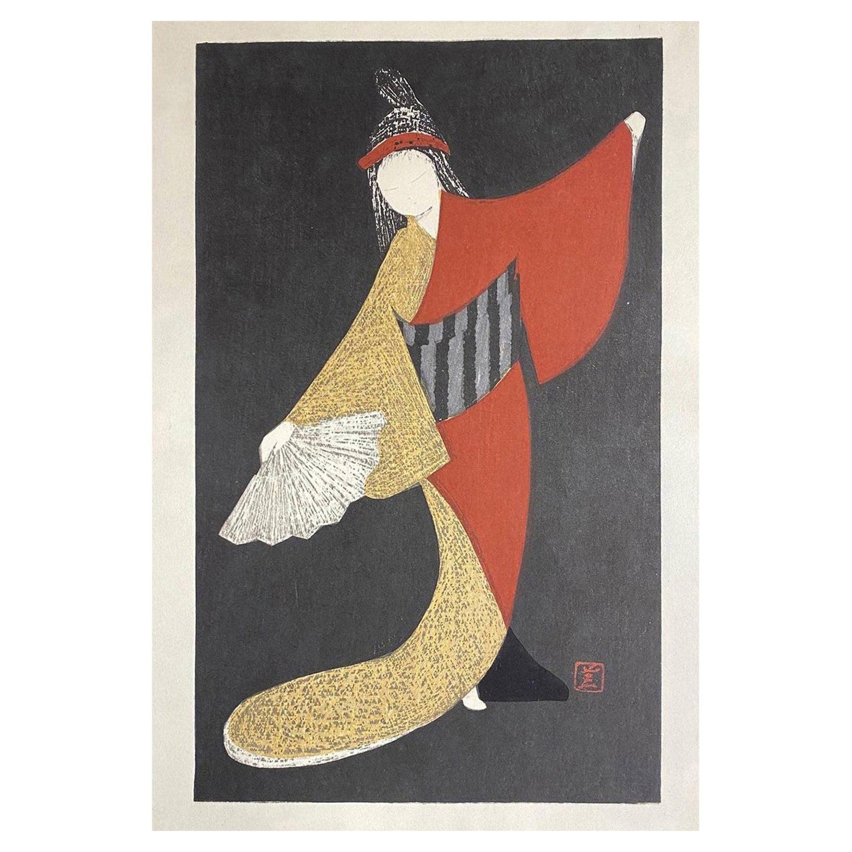 Figure de danseuse japonaise Kaoru Kawano imprimée sur bois avec éventail « Mai Ogi » en vente