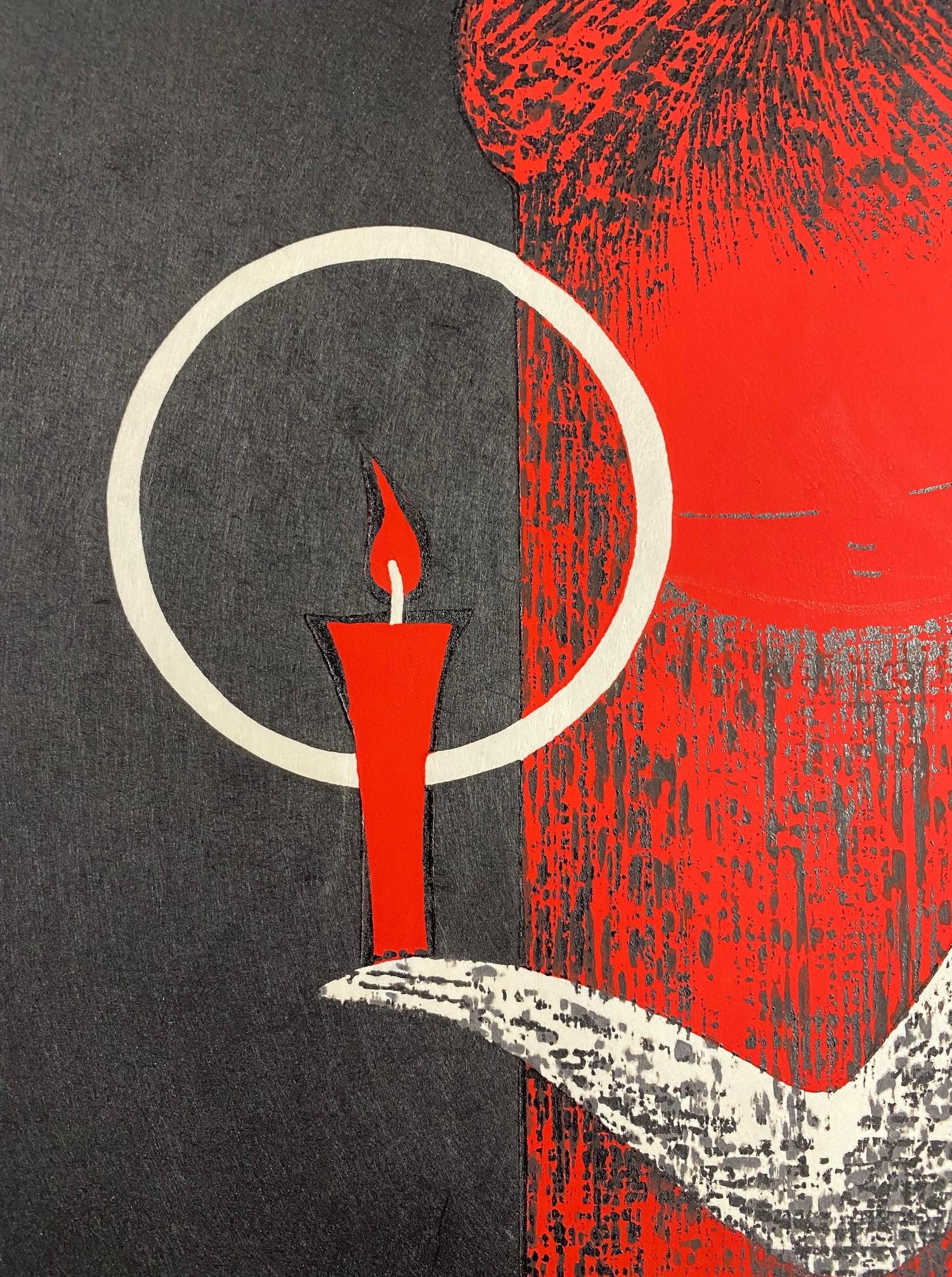 Kaoru Kawano Japanese Woodblock Print Girl with Candle Light Flame In Good Condition For Sale In Studio City, CA