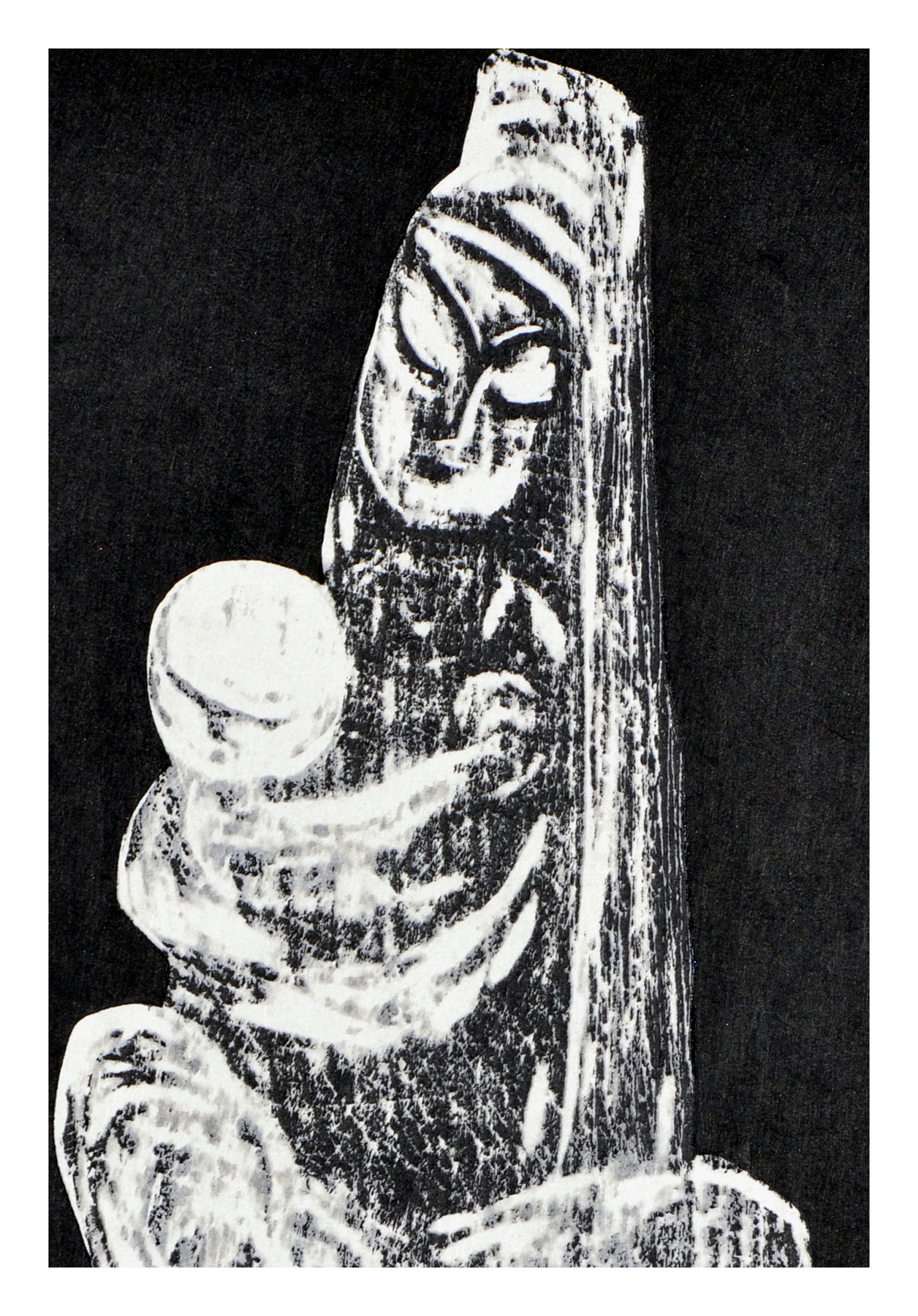 Stampa Woodblock figurativa di metà secolo  -- Mother & Child - Figurative Painting Grigio di Kaoru Kawano