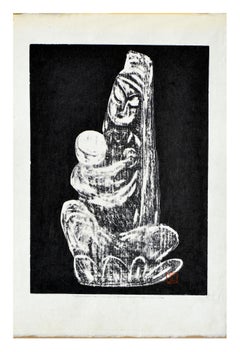 Mother and Child - Mid Century Figurative Woodblock Print 