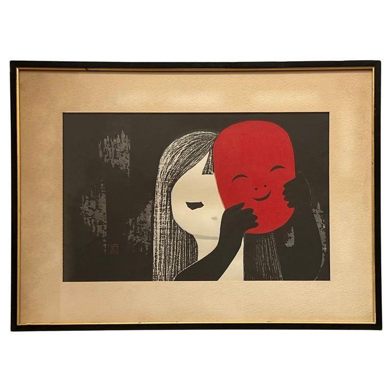 The lithograph shows a young girl with arms up her face in a peaceful position playing the flute. Two cacti in the background surround her. 
Kaoru Kawano was a woodblock print artist who worked during the Showa period (1926-1989). Born in Hokkaido