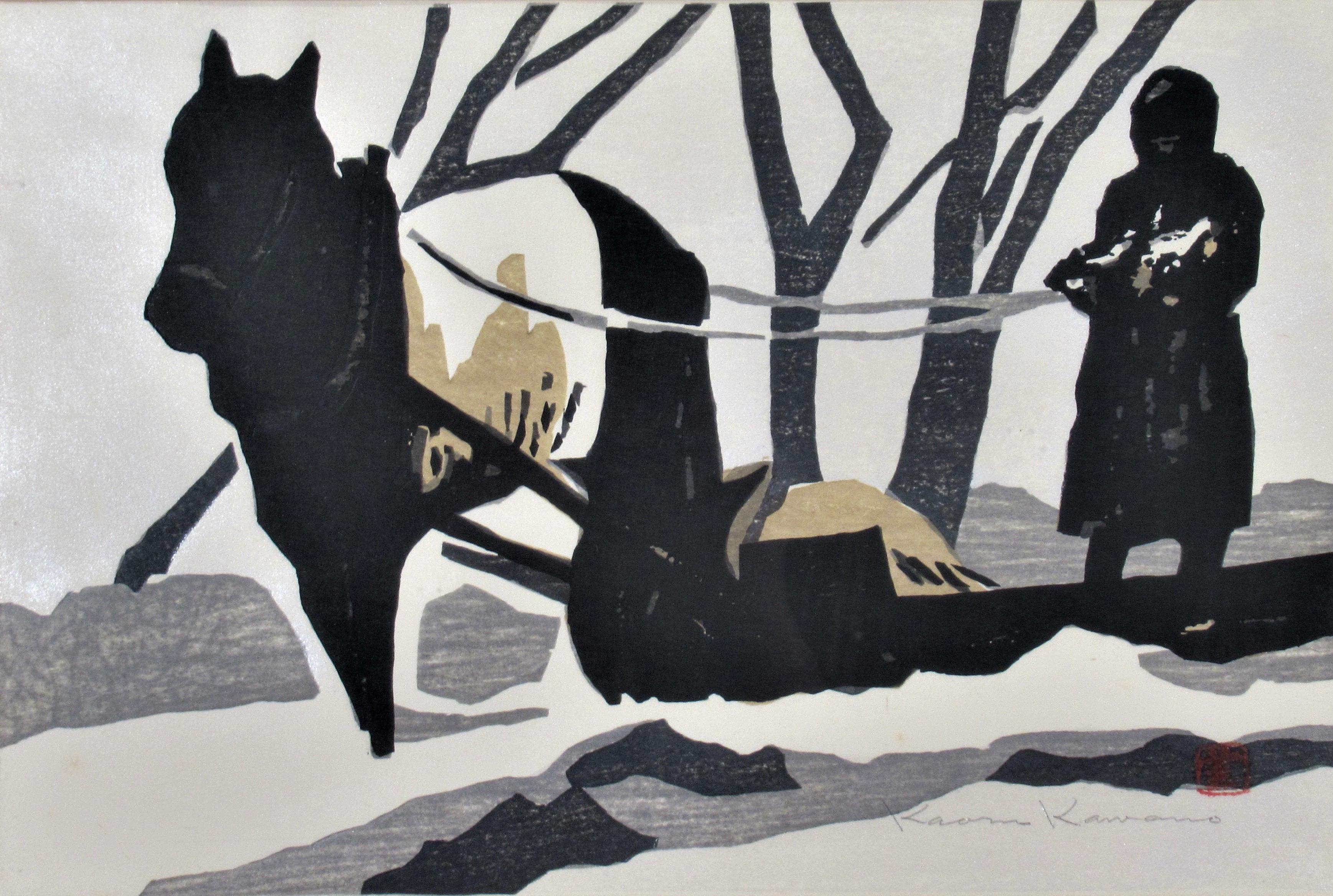 Horse Pulling a Sledge - Print by Kaoru Kawano