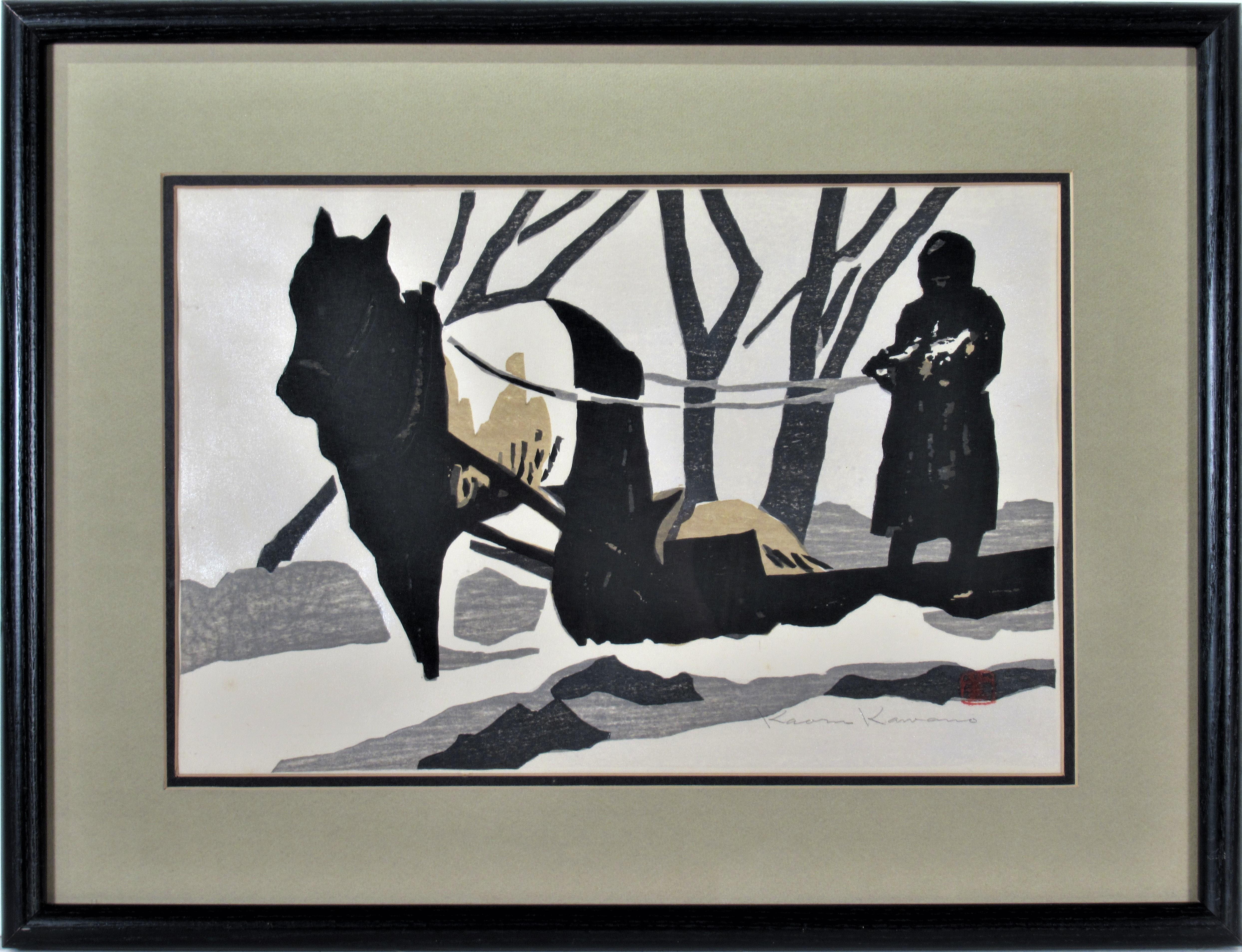 Kaoru Kawano Animal Print – Horse Pulling a Sledge, Pferd