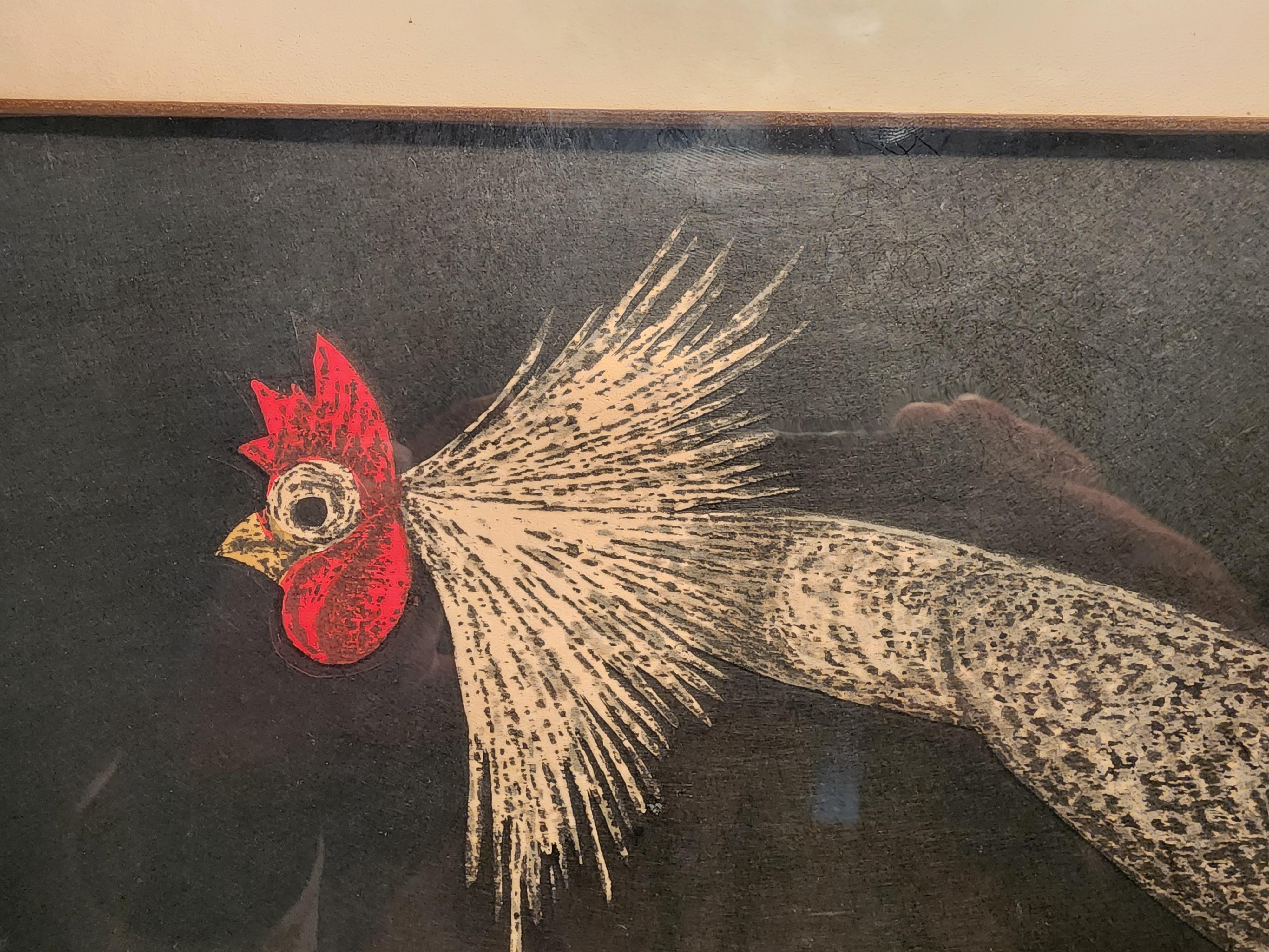 Japanese wood block print of a rooster or cocktail in sosakuhanga.
Signed in pencil lower right within the image.
Frame is acceptable, but has some scratches as shown in the photos.