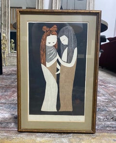 Kaoru Kawano Signed Framed Japanese Woodblock Print Two Girls