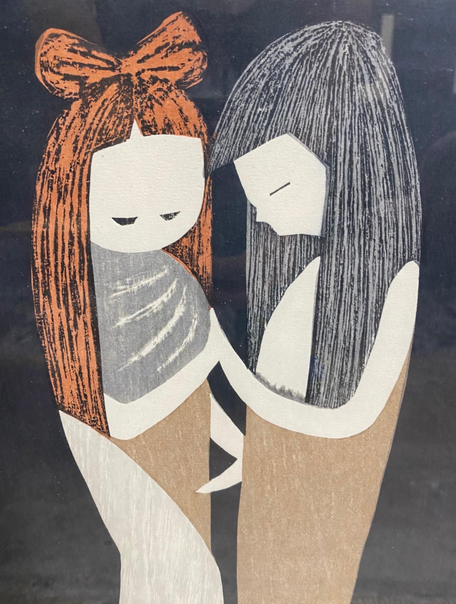 Kaoru Kawano Signed Framed Japanese Woodblock Print Two Girls In Good Condition For Sale In Studio City, CA