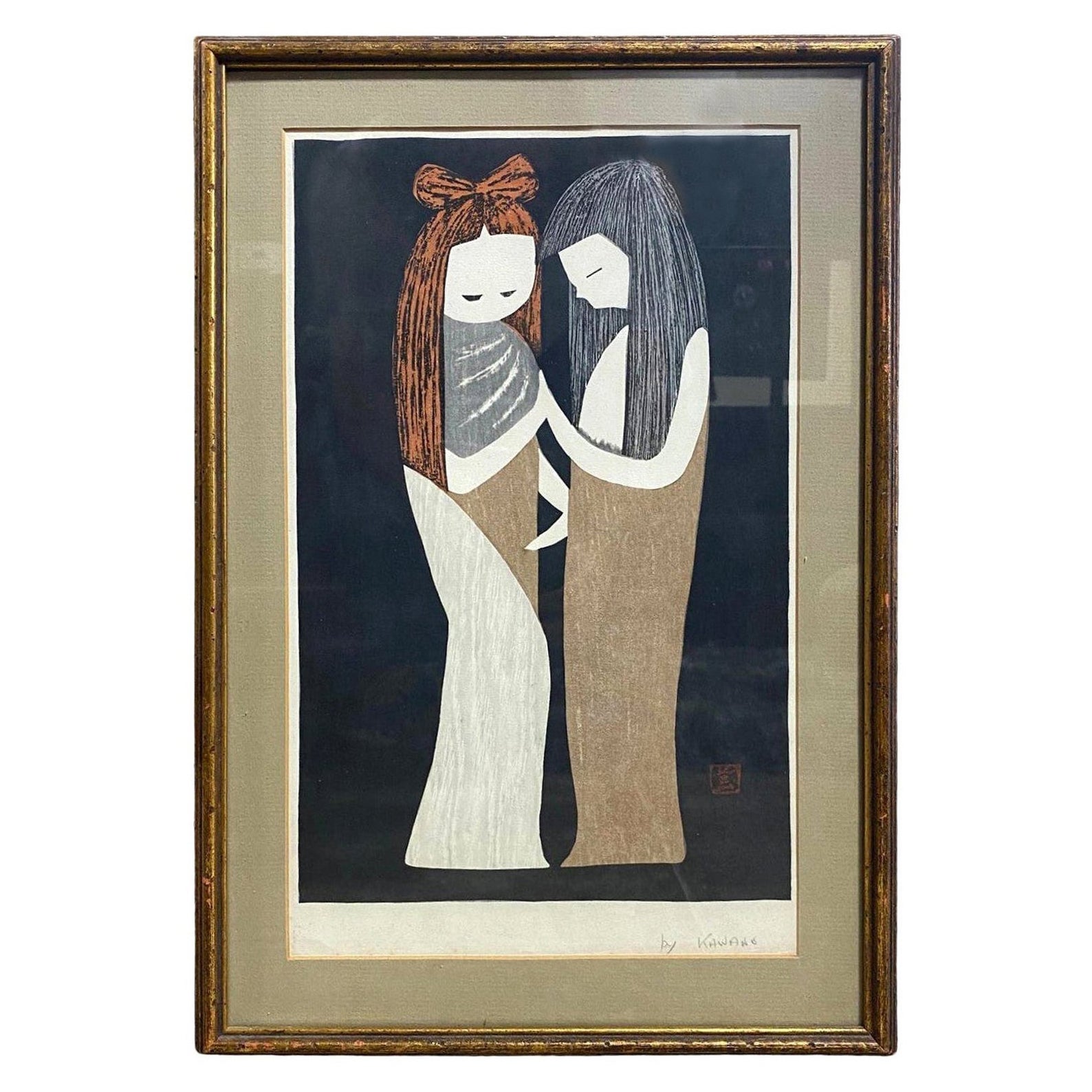 Kaoru Kawano Signed Framed Japanese Woodblock Print Two Girls