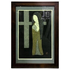 Kaoru Kawano Signed Japanese Woodblock Print Maria Kwannon Virgin Mary & Jesus