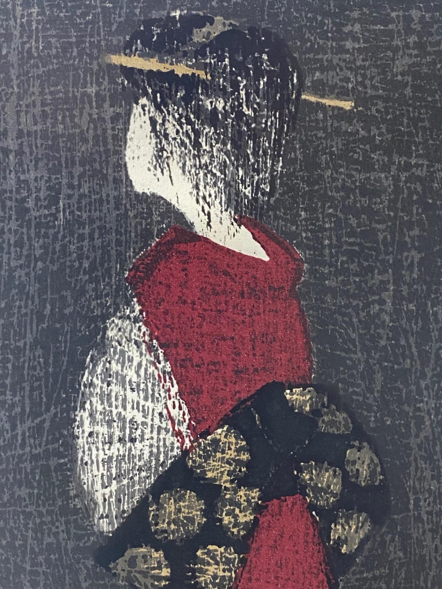 Japonais Kaoru Kawano Grande gravure sur bois japonaise signée Figure de Geisha dansant Figure Eshima en vente