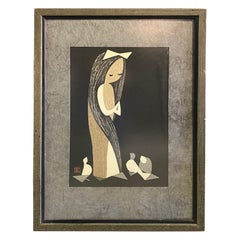 Kaoru Kawano, signierte lebenslange Auflage, japanischer Holzschnitt mit Tauben und Mädchen