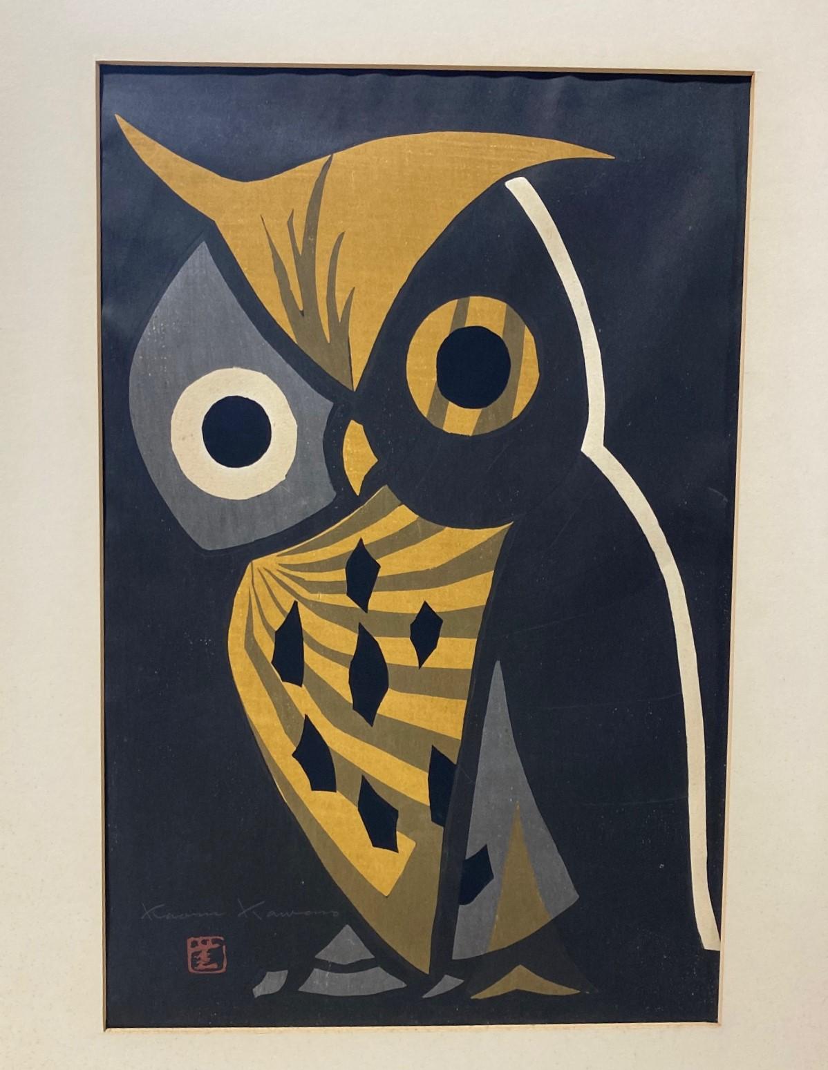 Kaoru Kawano: „The Big Owl“, signierte lebenslange Auflage, japanischer Holzschnitt (Moderne der Mitte des Jahrhunderts) im Angebot