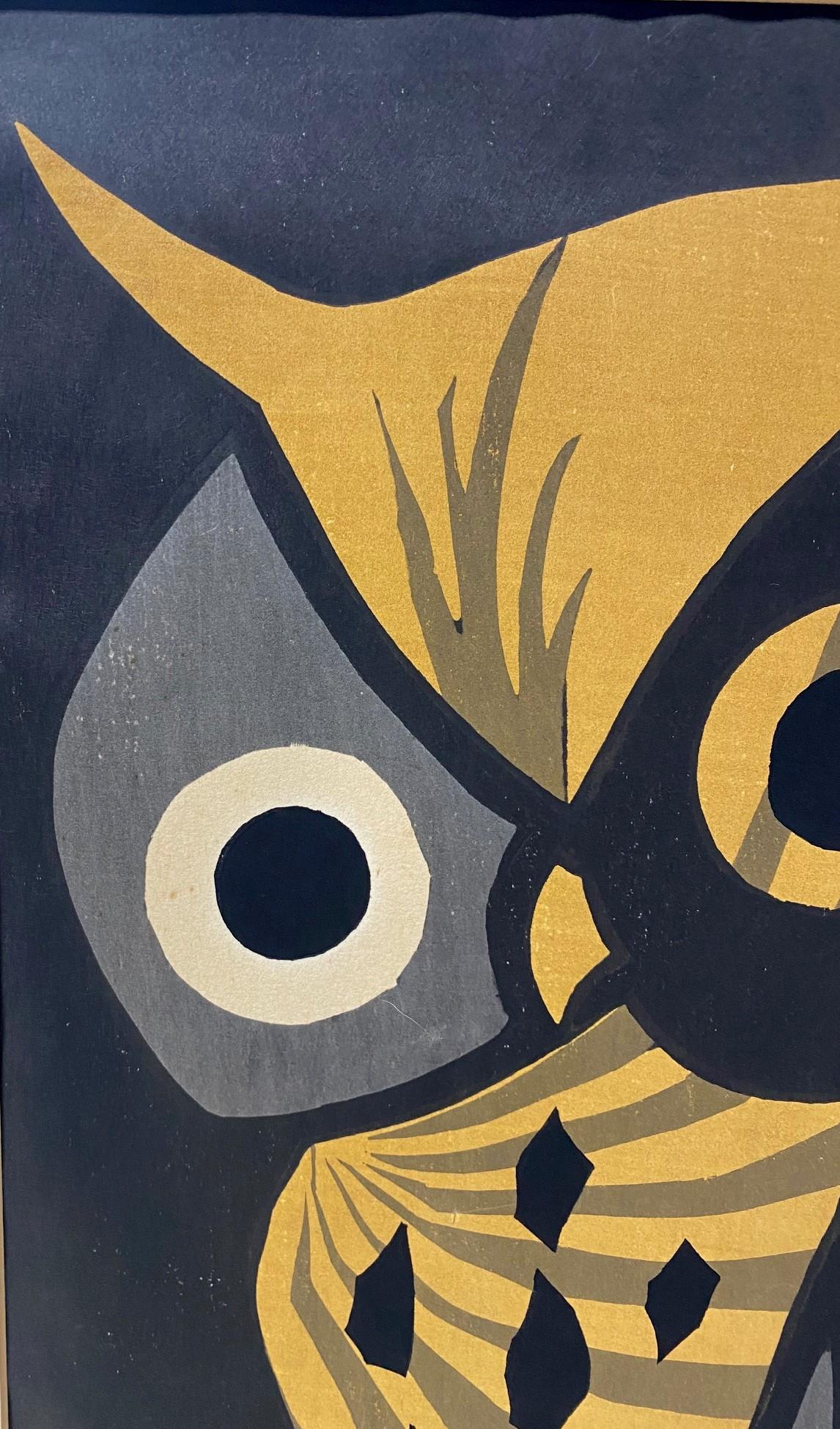 Kaoru Kawano Signed Lifetime Edition Japanese Woodblock Print the Big Owl In Good Condition For Sale In Studio City, CA