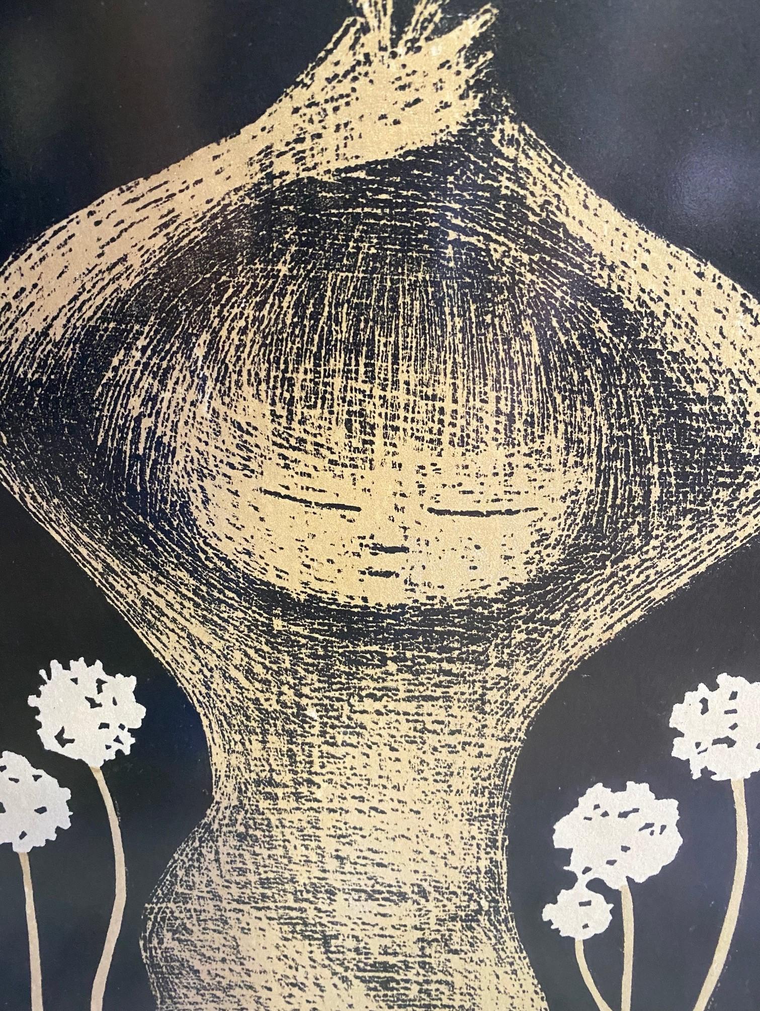 Kaoru Kawano Signed Lifetime Edition Japanese Woodblock Tanpopo 'Dandelion Seed' In Good Condition In Studio City, CA