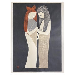 Kaoru Kawano Signed Lifetime Limited Edition Japanese Woodblock Print Couple