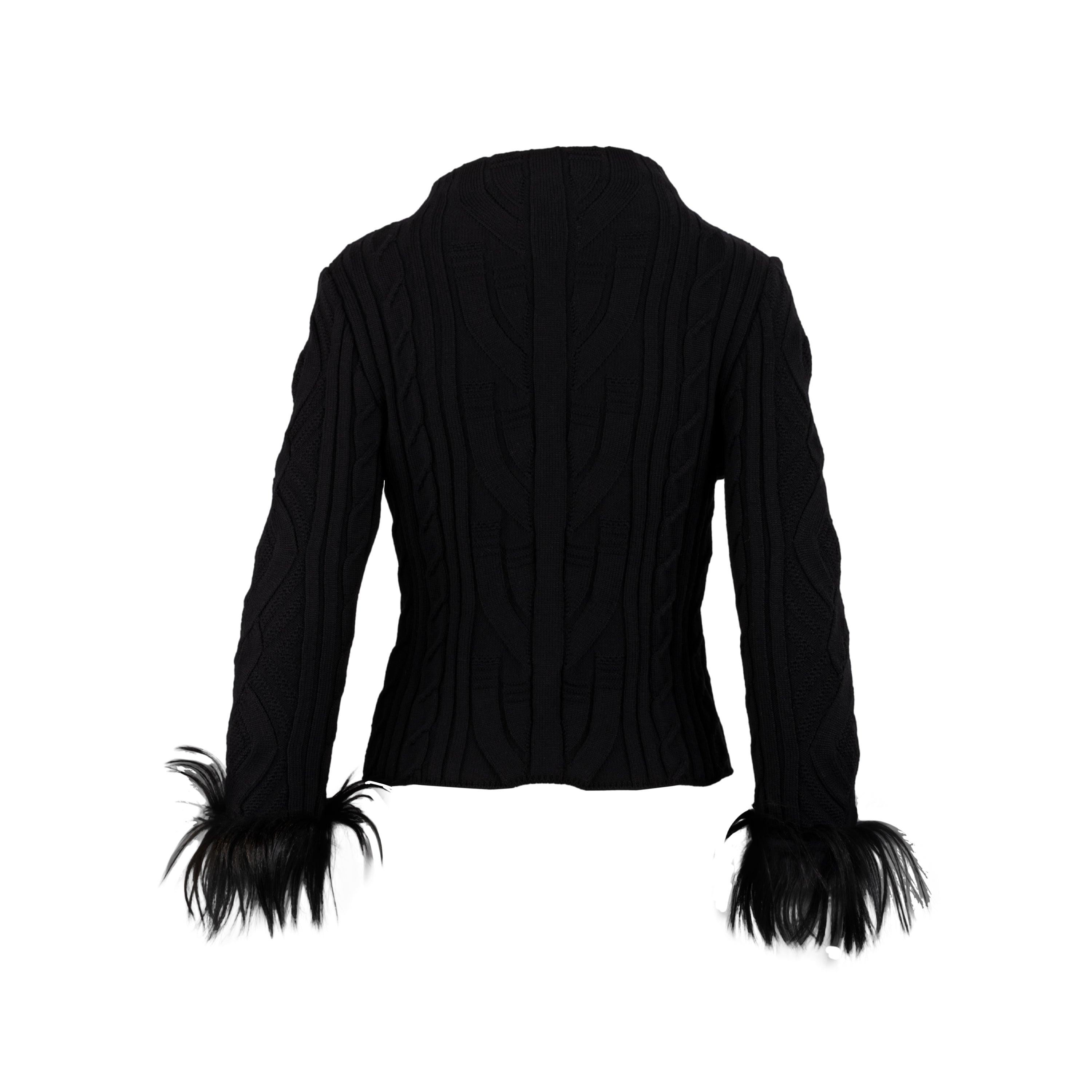 Kapeland Milano black wool sweater. Long sleeves, eco-fur inserts, high neck. Shoulder:36.5;Sleeve:56;Bust:38;Total Length:50