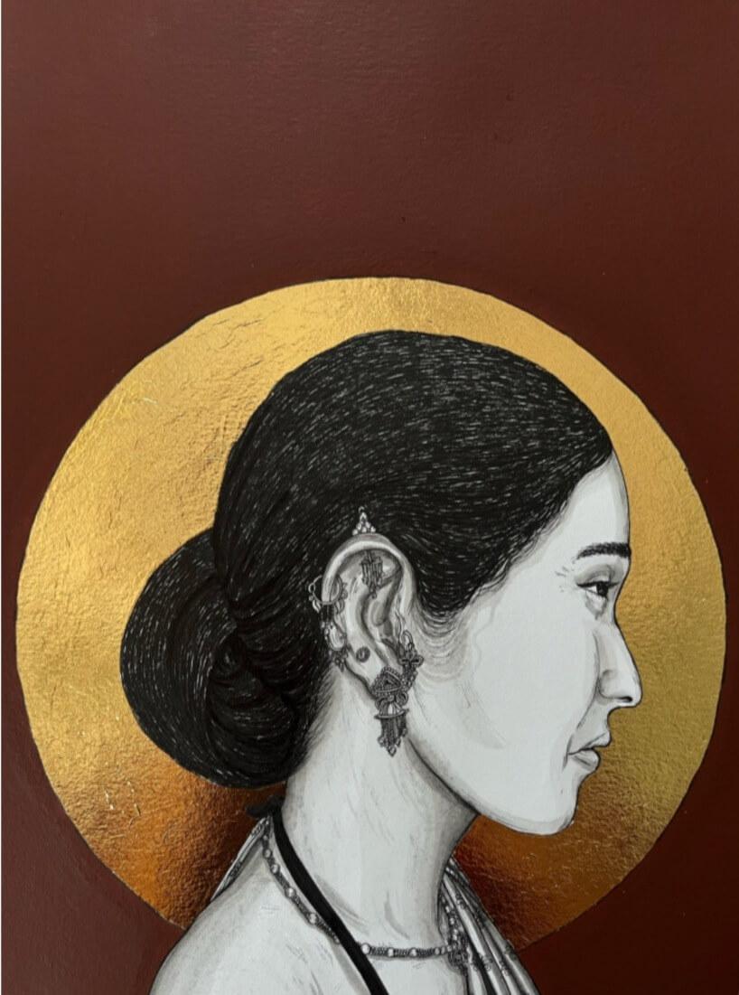 Indian Culture, Ink, Acrylic, Gold Foil by Contemporary Indian Artist 