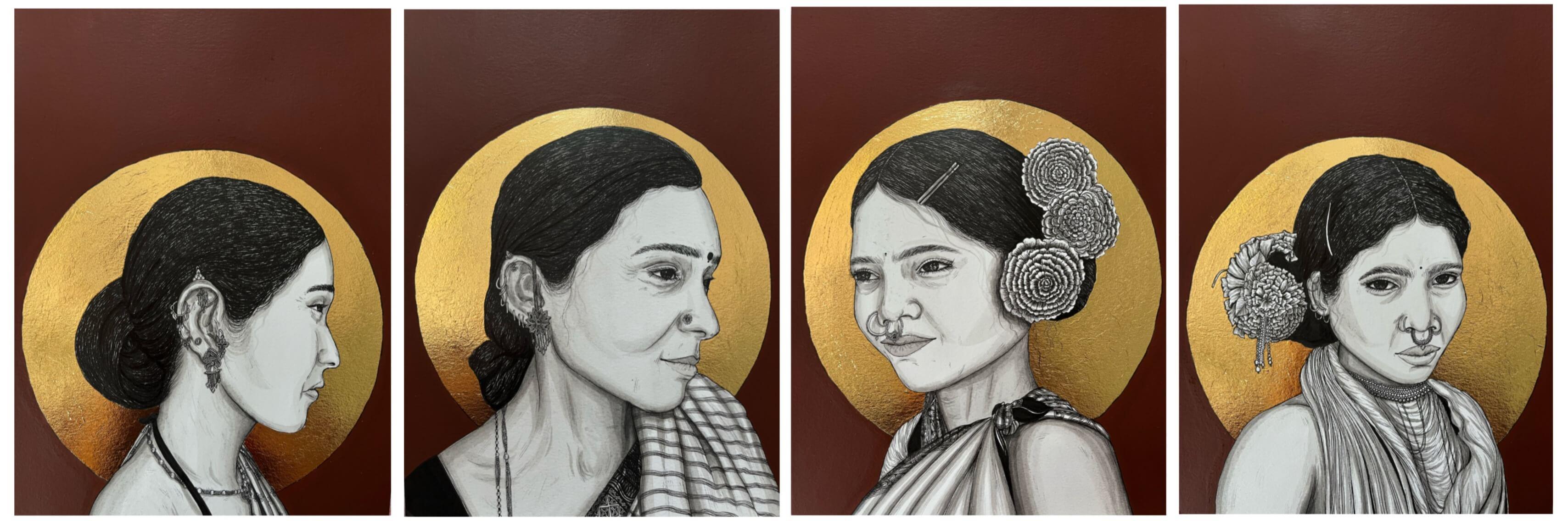Cultura indiana, inchiostro, acrilico, lamina d'oro di un artista indiano contemporaneo "In stock"