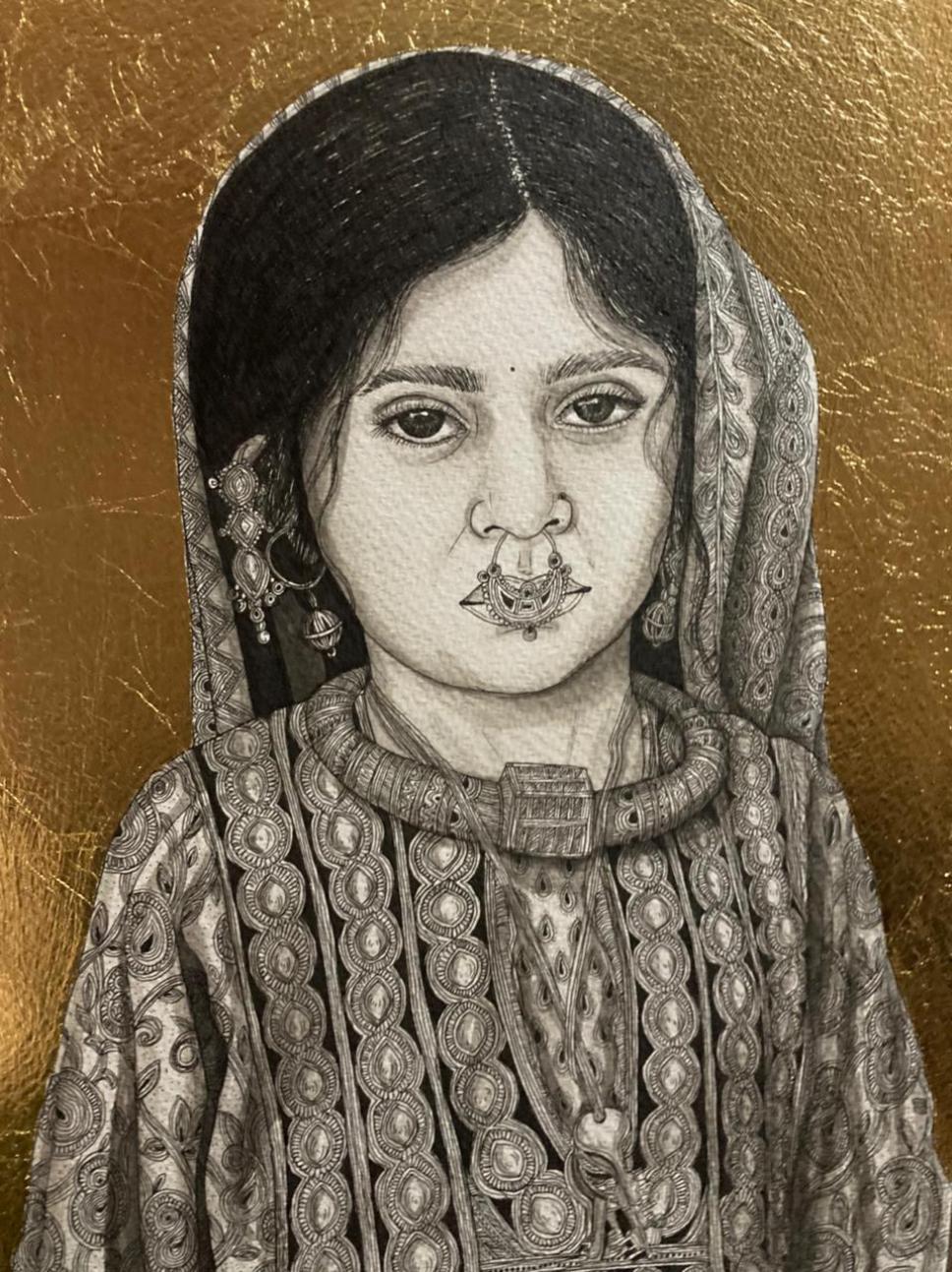Rajasthani Girl, Ink, Pen, Gold Foil on Paper by Contemporary Artist "In Stock"
