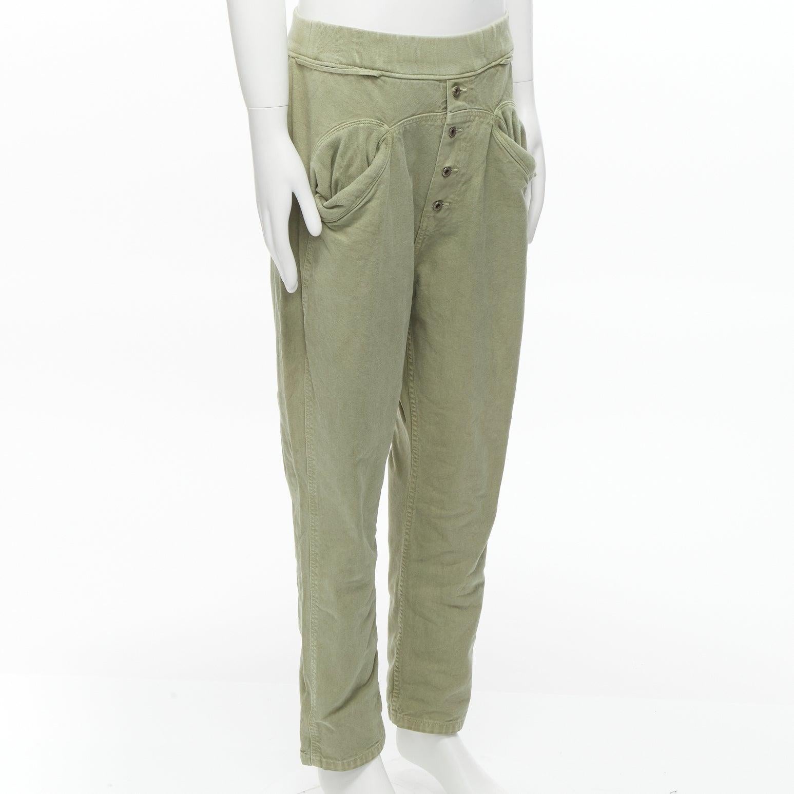 KAPITAL 100% washed cotton green distressed buttons elasticated waist pant JP3 L In Good Condition For Sale In Hong Kong, NT