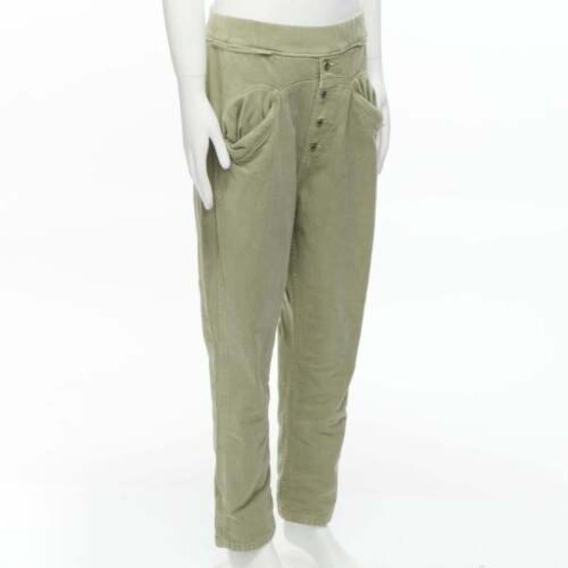 Brown KAPITAL 100% washed cotton green distressed buttons elasticated waist pant JP3 L For Sale