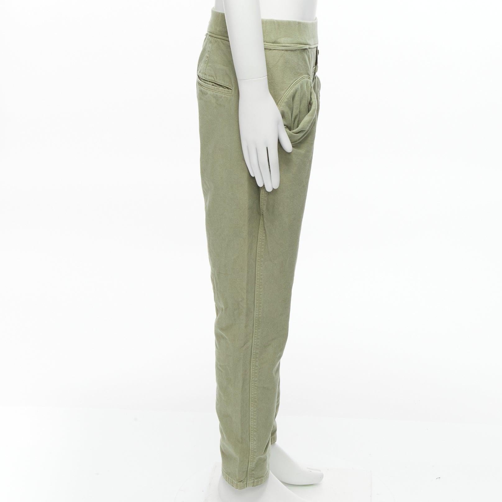 Men's KAPITAL 100% washed cotton green distressed buttons elasticated waist pant JP3 L For Sale
