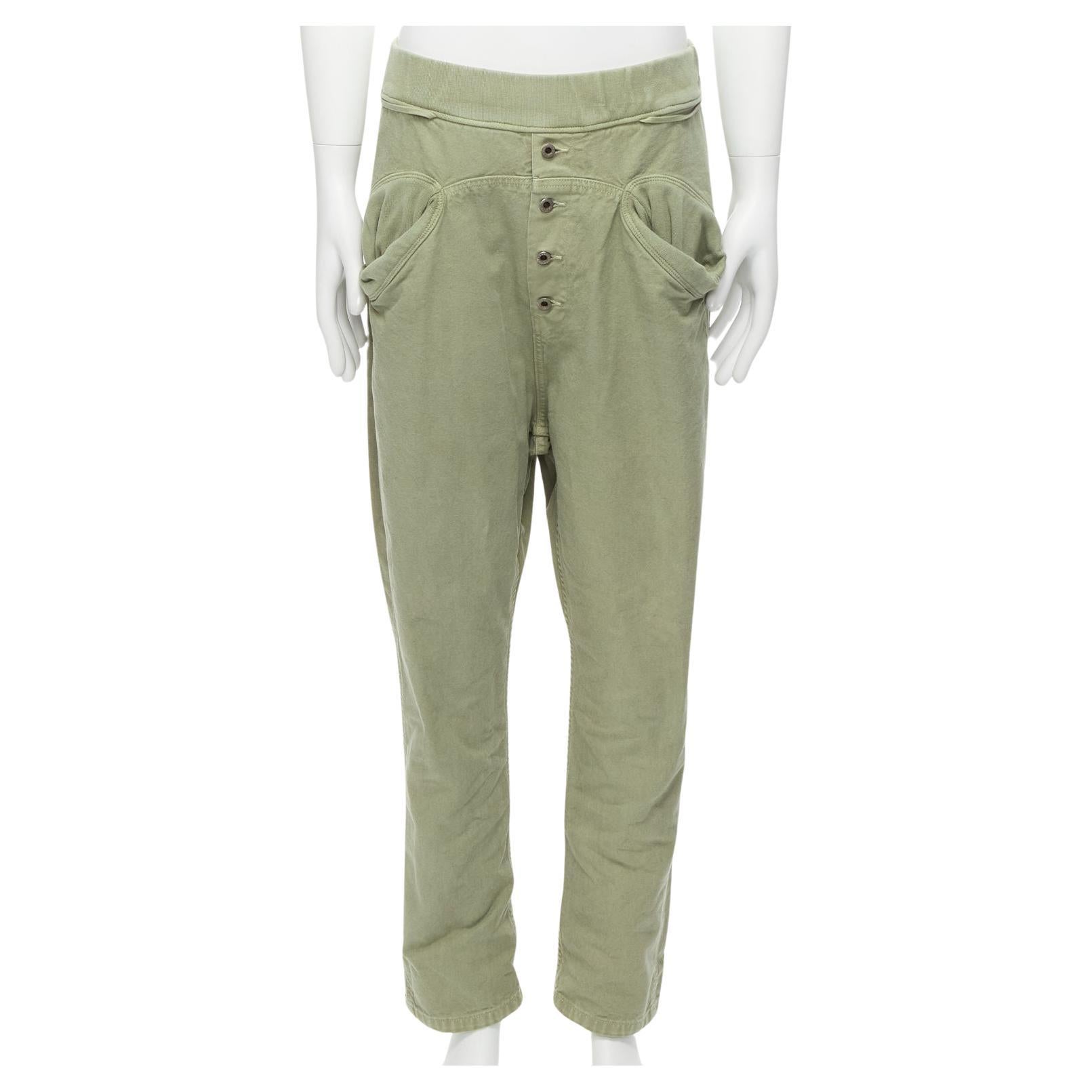 KAPITAL 100% washed cotton green distressed buttons elasticated waist pant JP3 L For Sale
