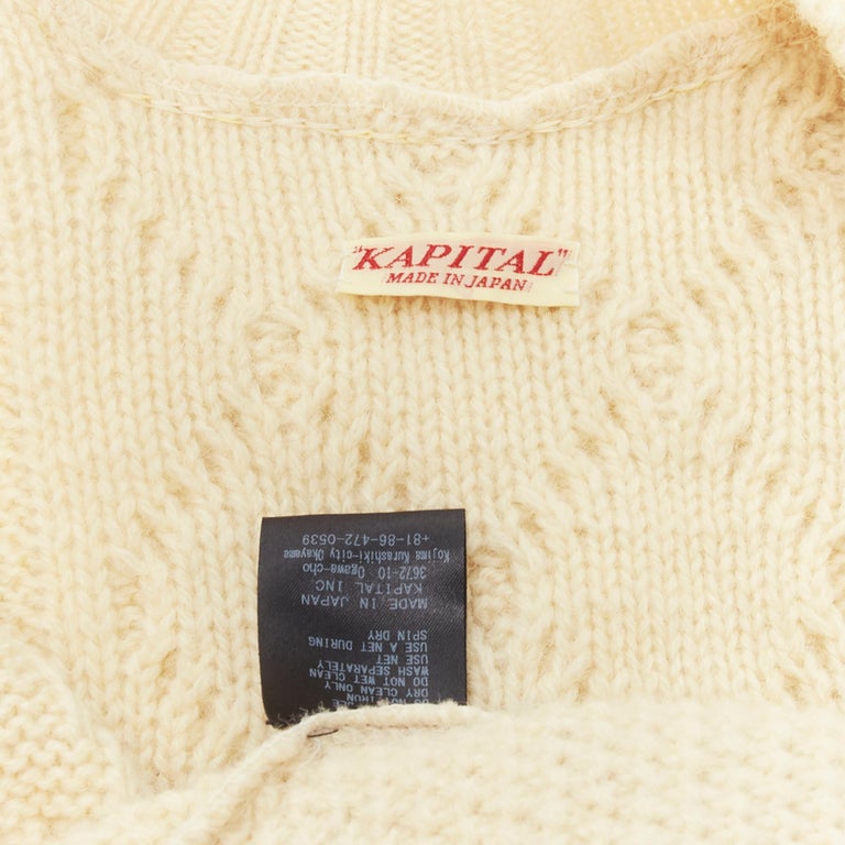 KAPITAL 5G cream wool Happy Smiley elbow patch cable knit cardigan JP1