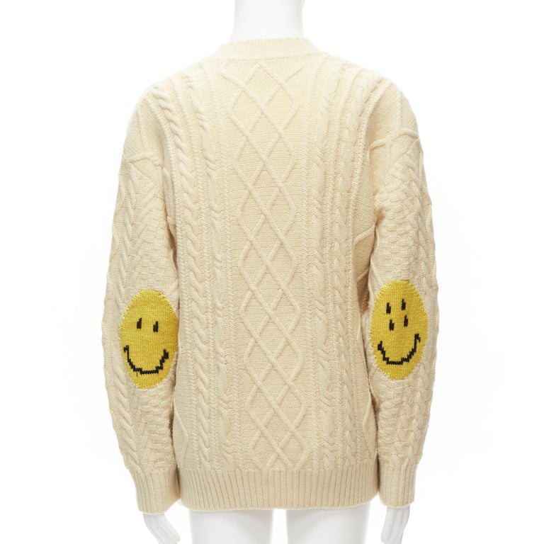 KAPITAL 5G cream wool Happy Smiley elbow patch cable knit cardigan JP1