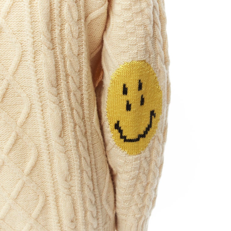 KAPITAL 5G cream wool Happy Smiley elbow patch cable knit cardigan JP1