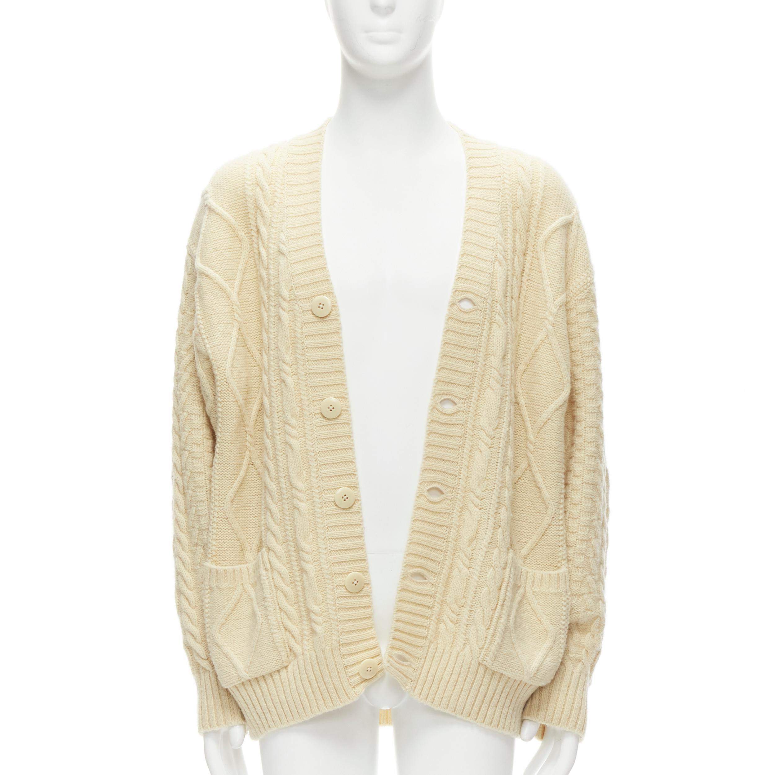 Men's KAPITAL 5G cream wool Happy Smiley elbow patch cable knit cardigan JP1 S