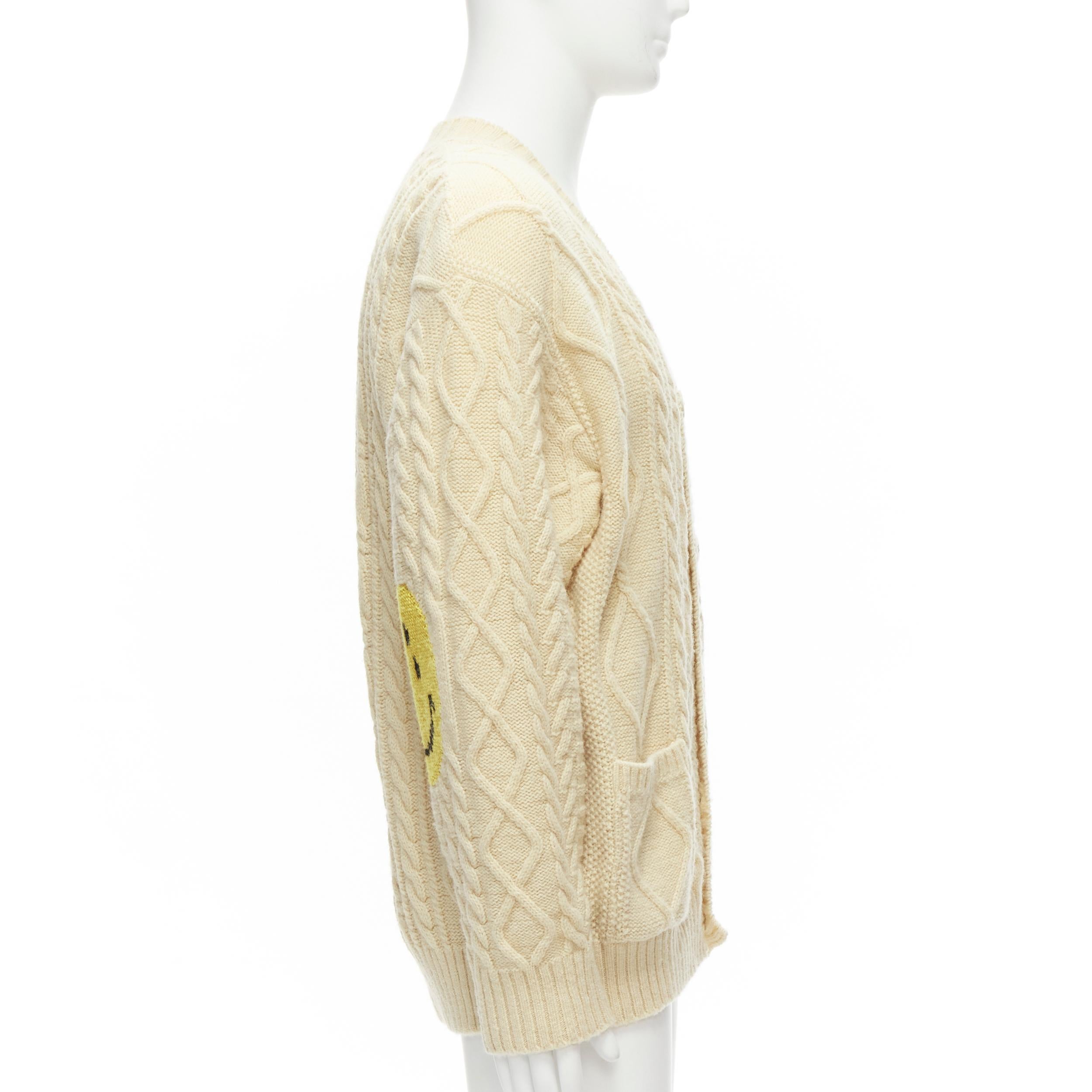 KAPITAL 5G cream wool Happy Smiley elbow patch cable knit cardigan JP1 S 2