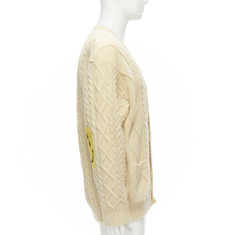 KAPITAL 5G cream wool Happy Smiley elbow patch cable knit cardigan JP1