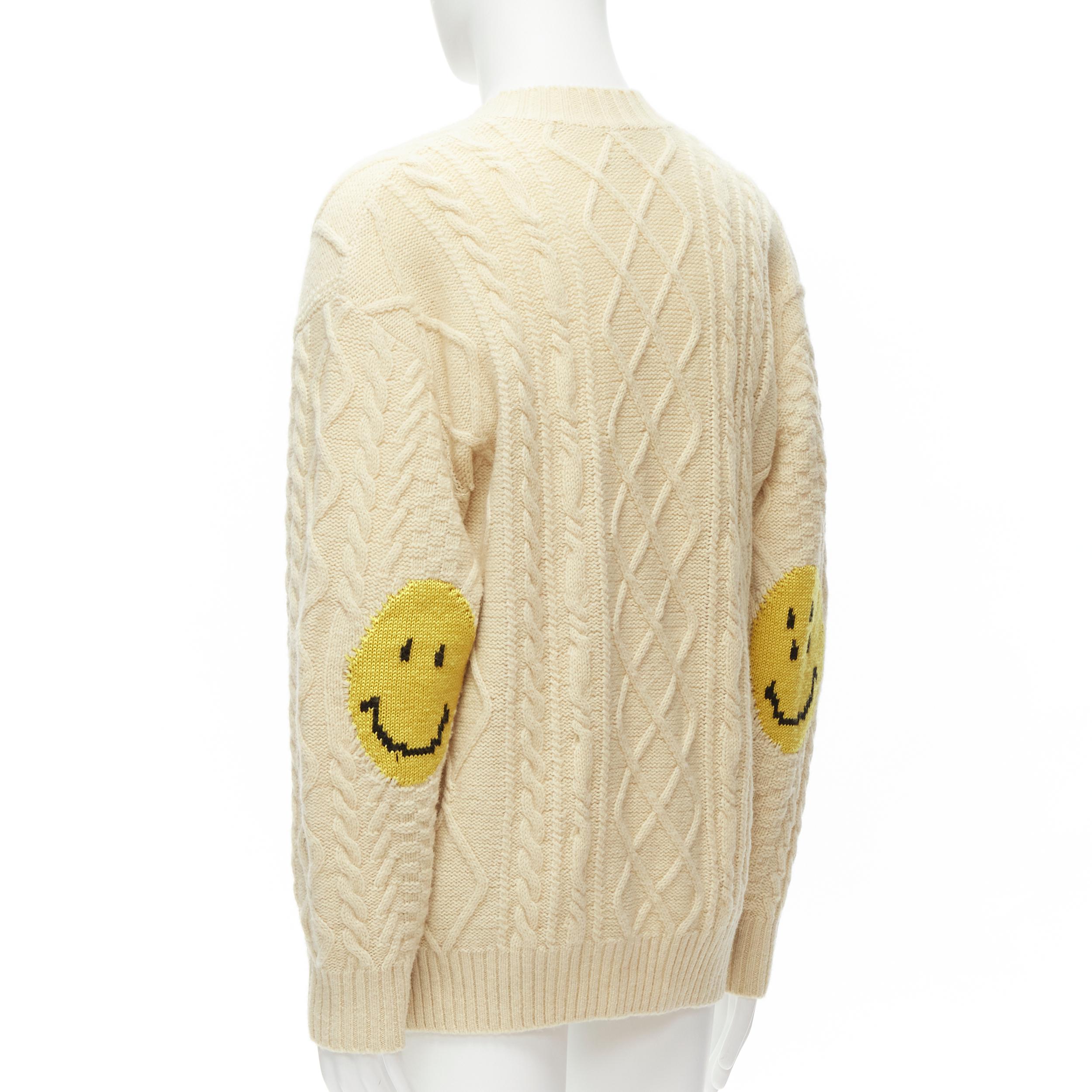 KAPITAL 5G cream wool Happy Smiley elbow patch cable knit cardigan JP1 S 3